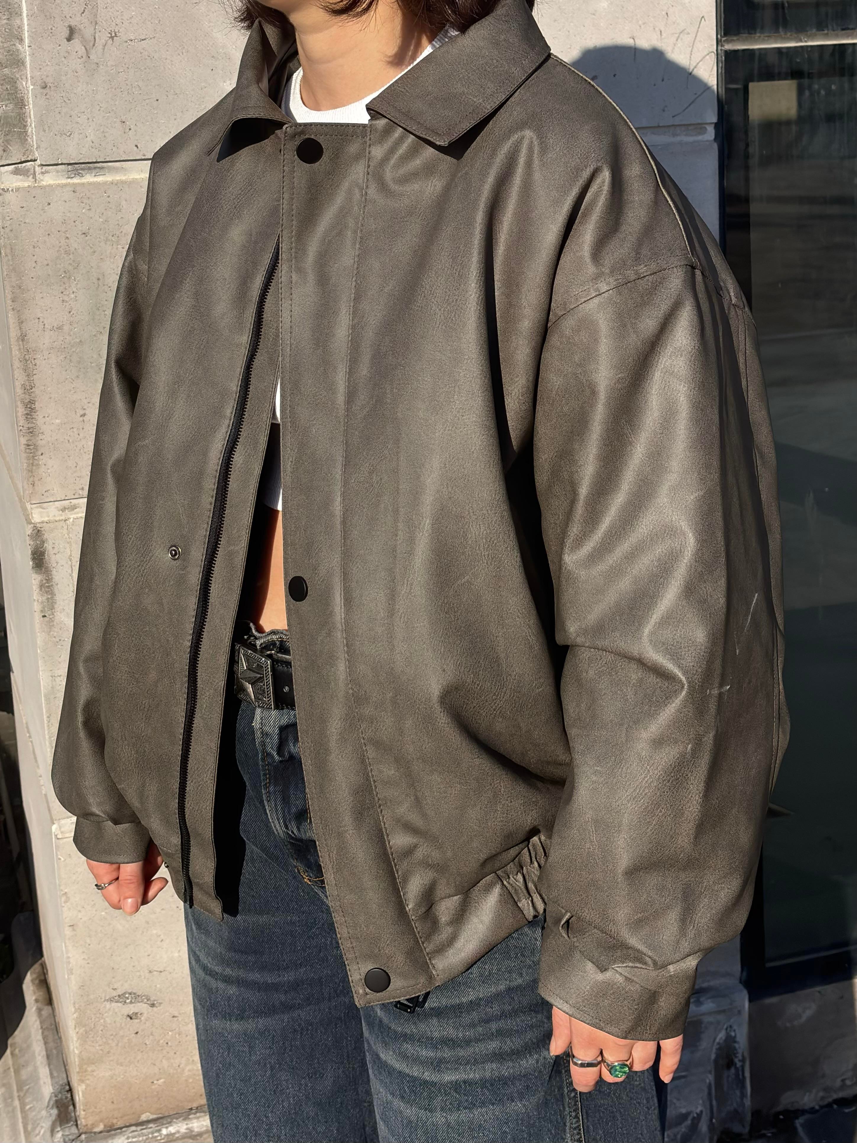 Premium Gravel Bomber Full-Zip Deri Ceket