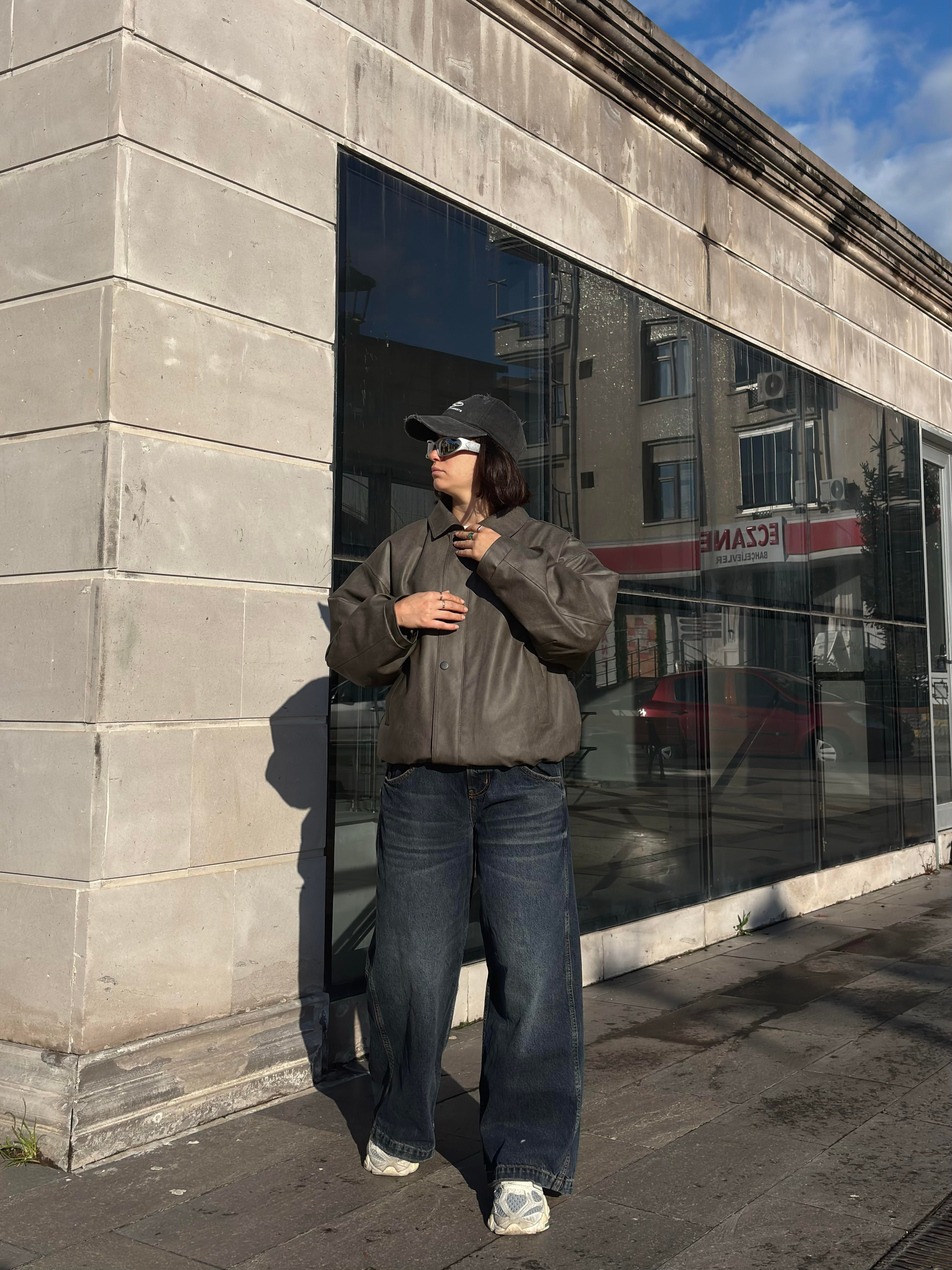 Premium Gravel Bomber Full-Zip Deri Ceket