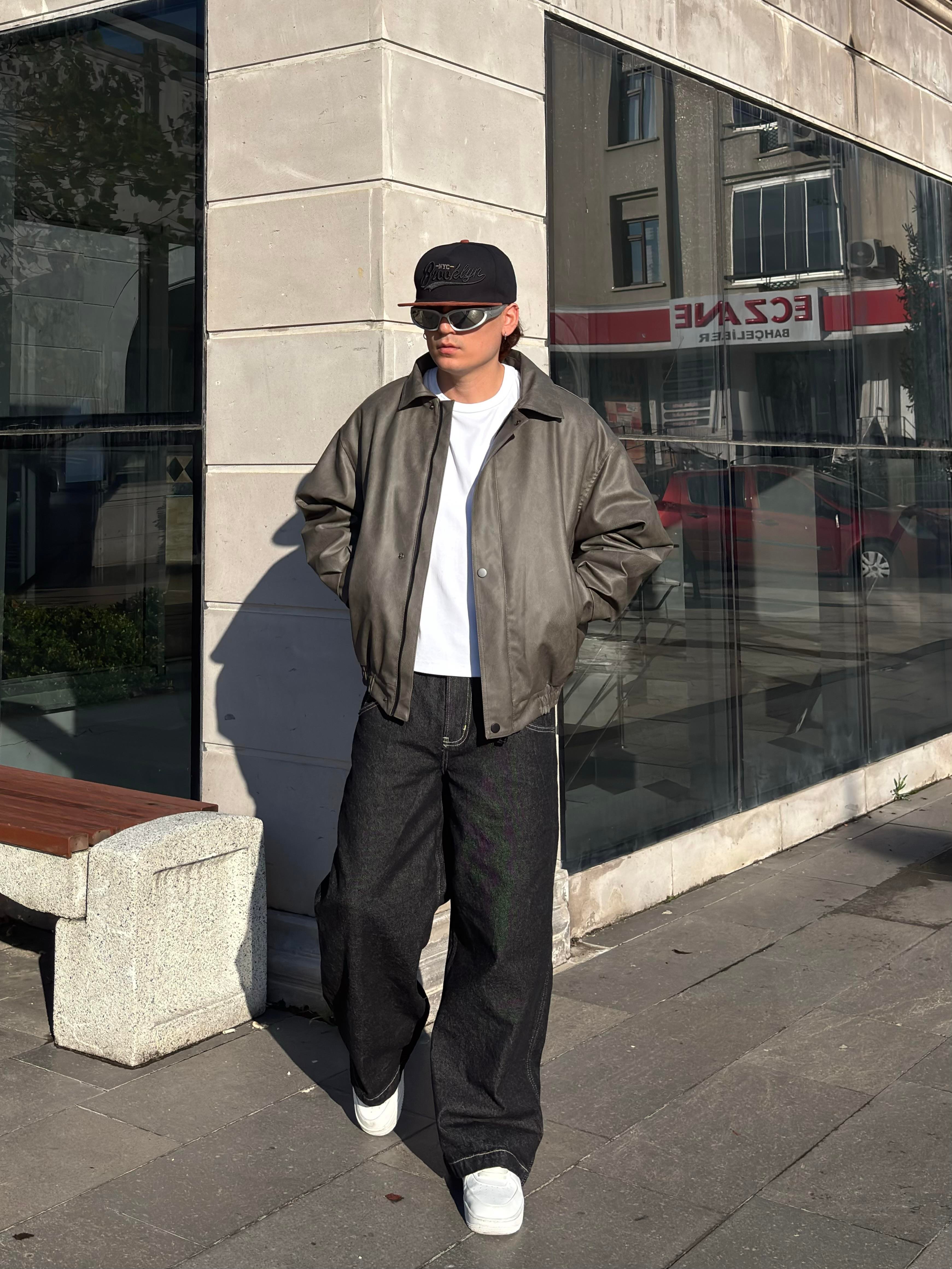 Premium Gravel Bomber Full-Zip Deri Ceket