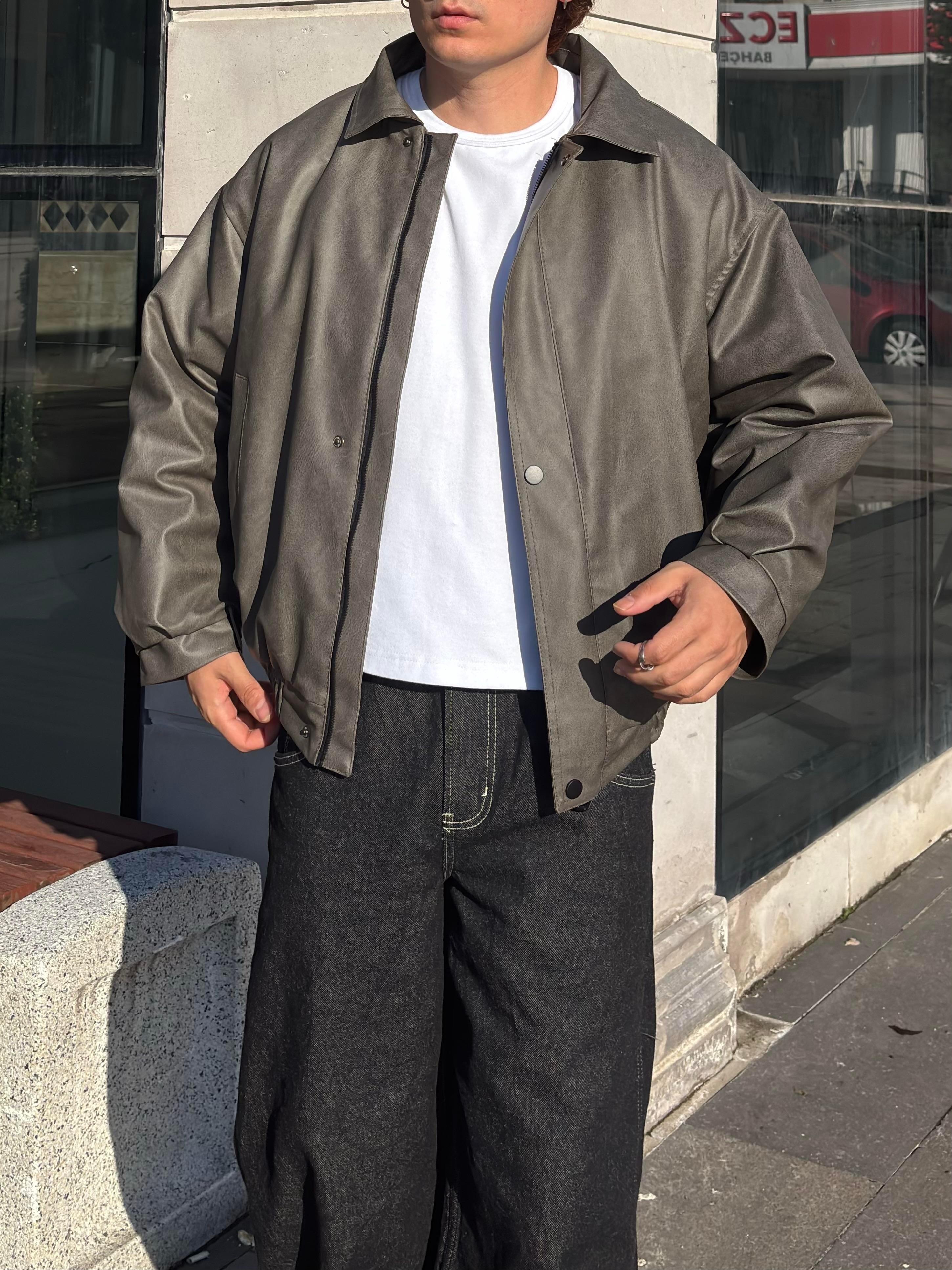 Premium Gravel Bomber Full-Zip Deri Ceket