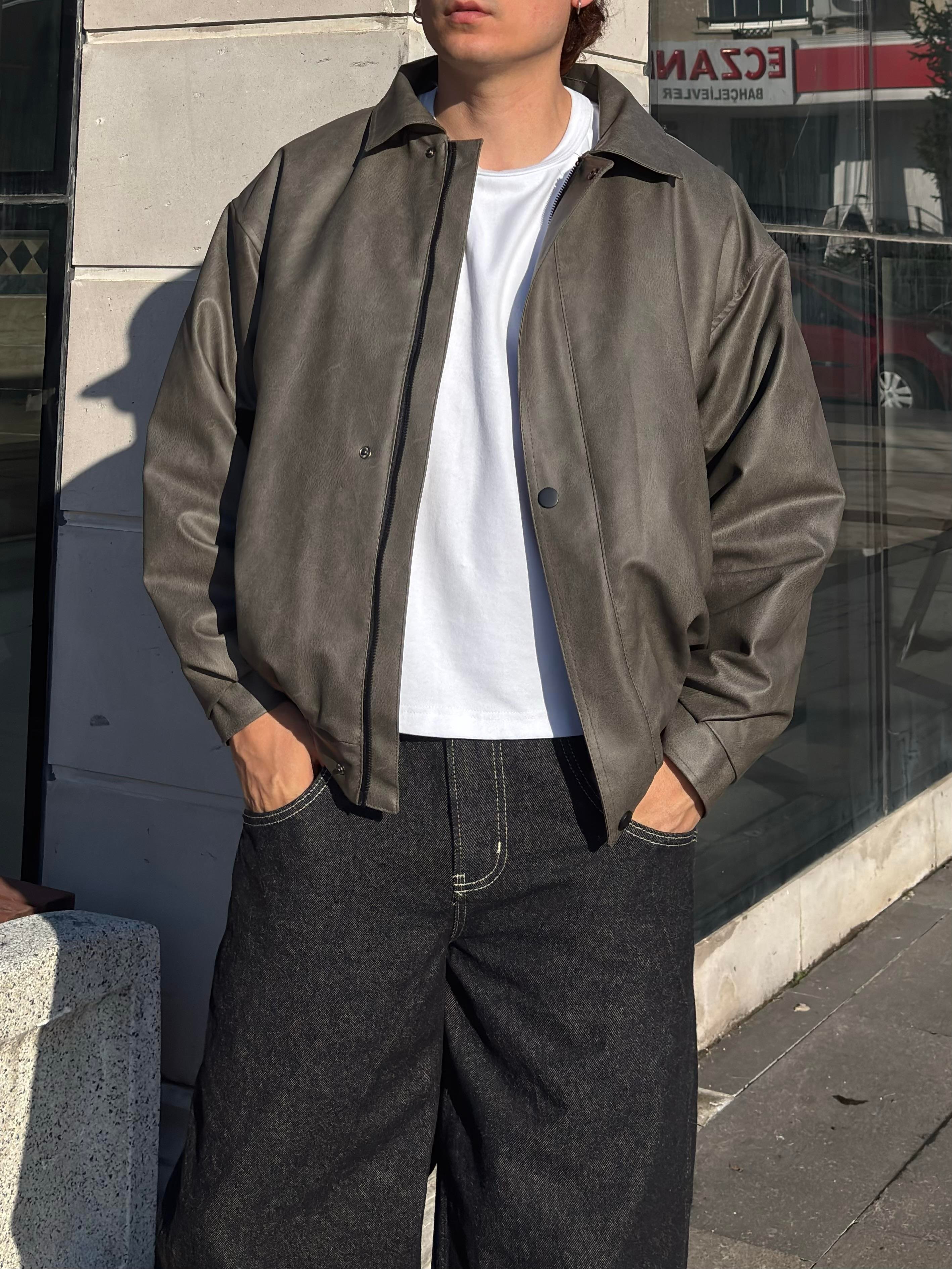 Premium Gravel Bomber Full-Zip Deri Ceket