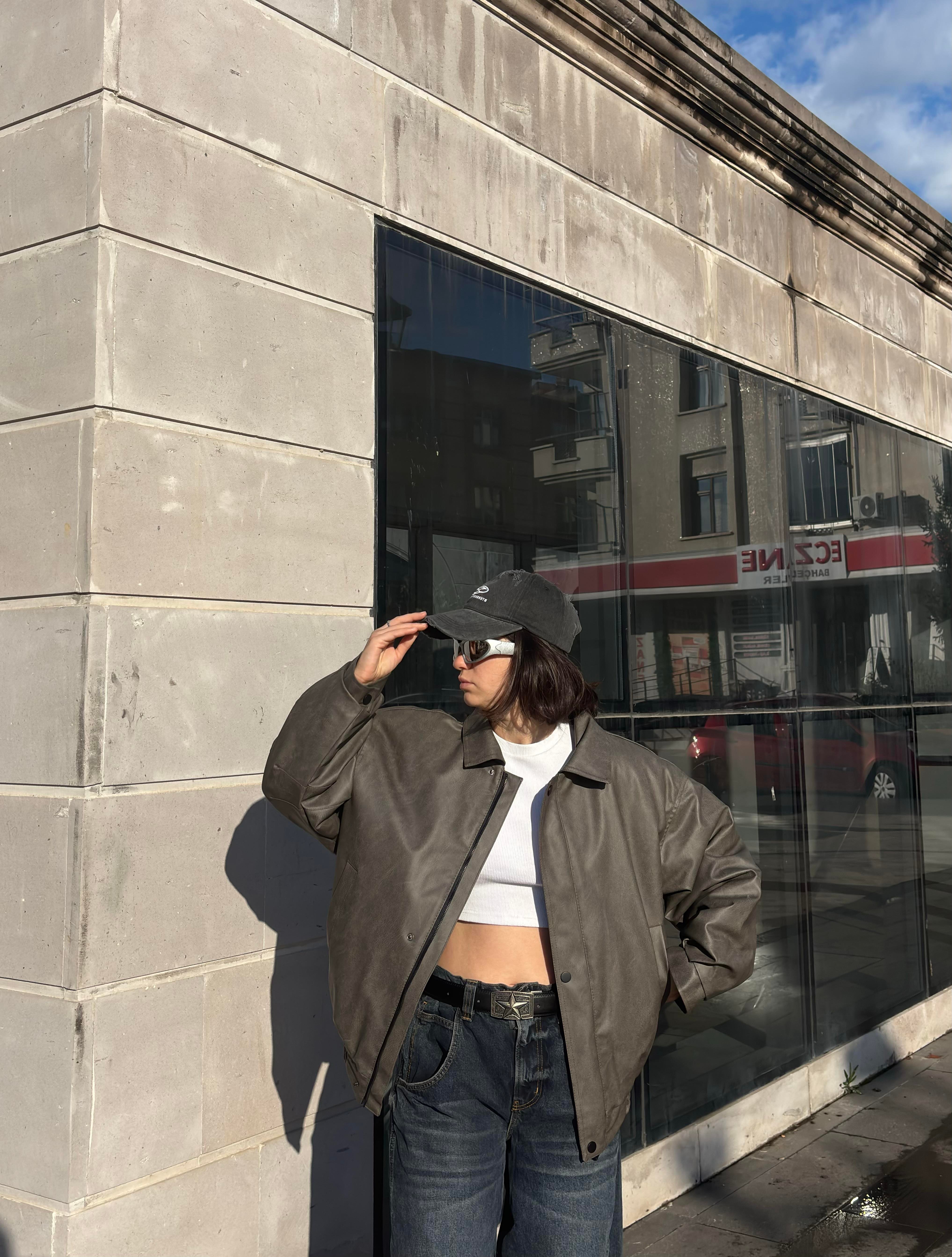 Premium Gravel Bomber Full-Zip Deri Ceket
