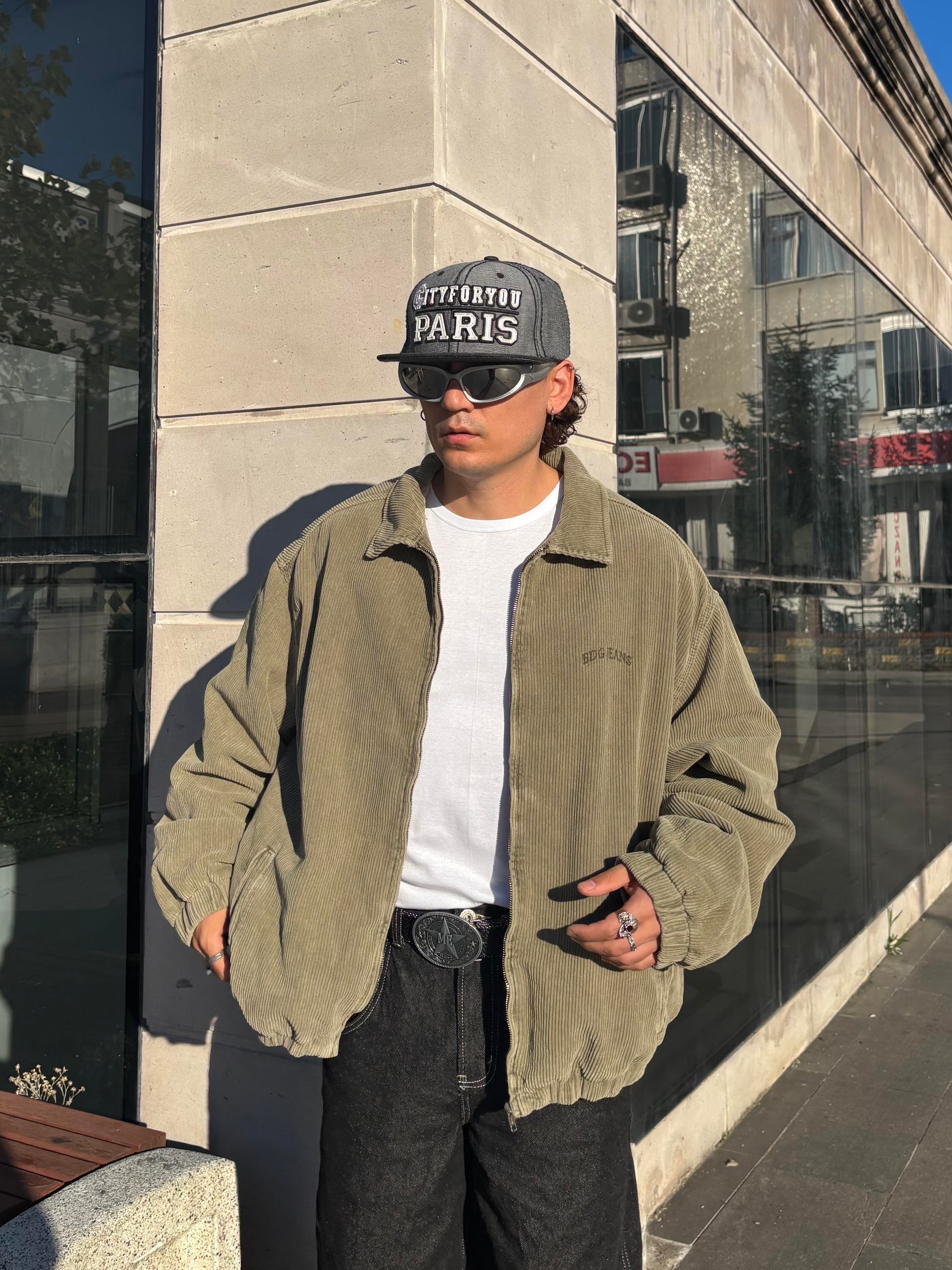 Premium Green Tone Fitilli Kadife Harrington Jacket