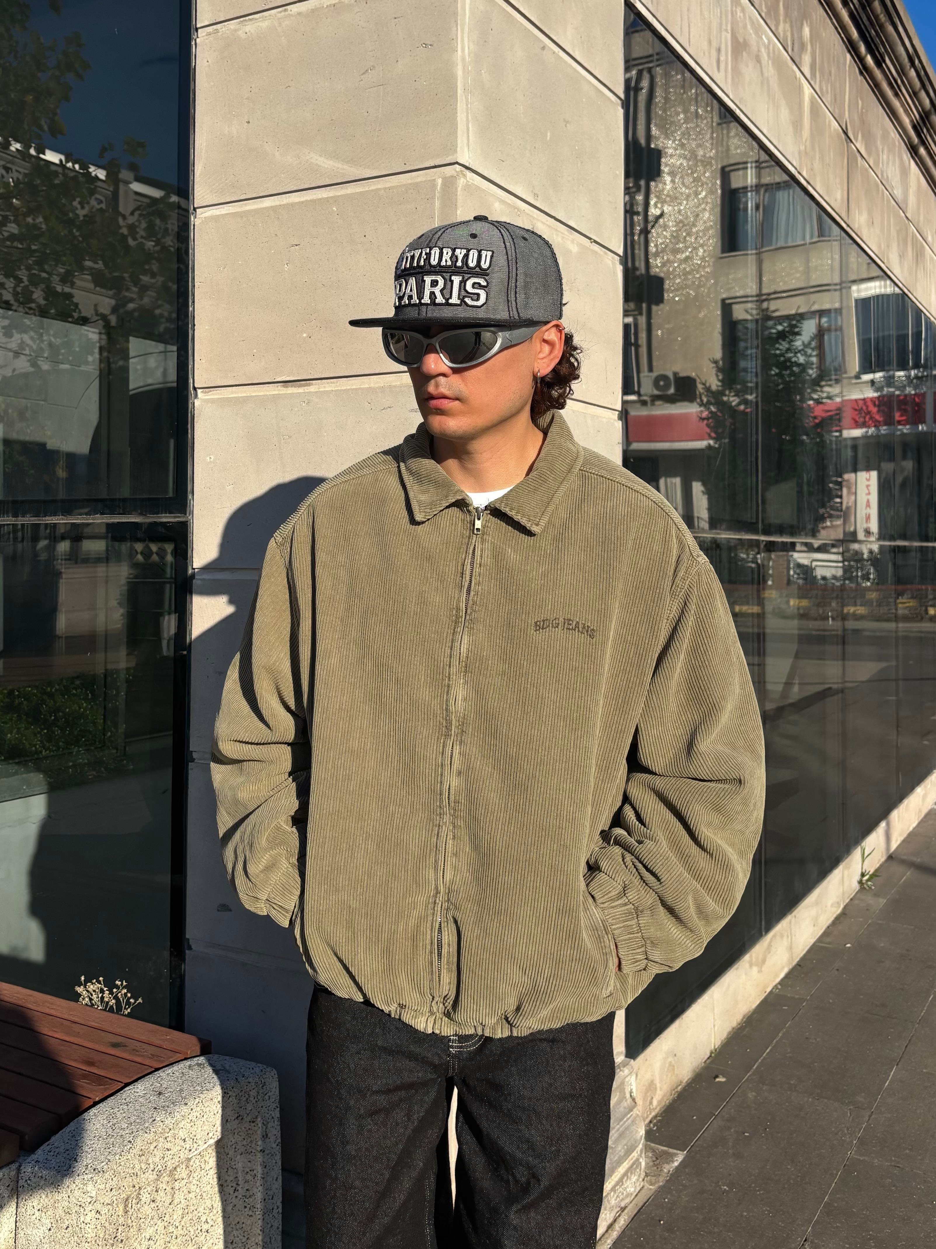 Premium Green Tone Fitilli Kadife Harrington Jacket