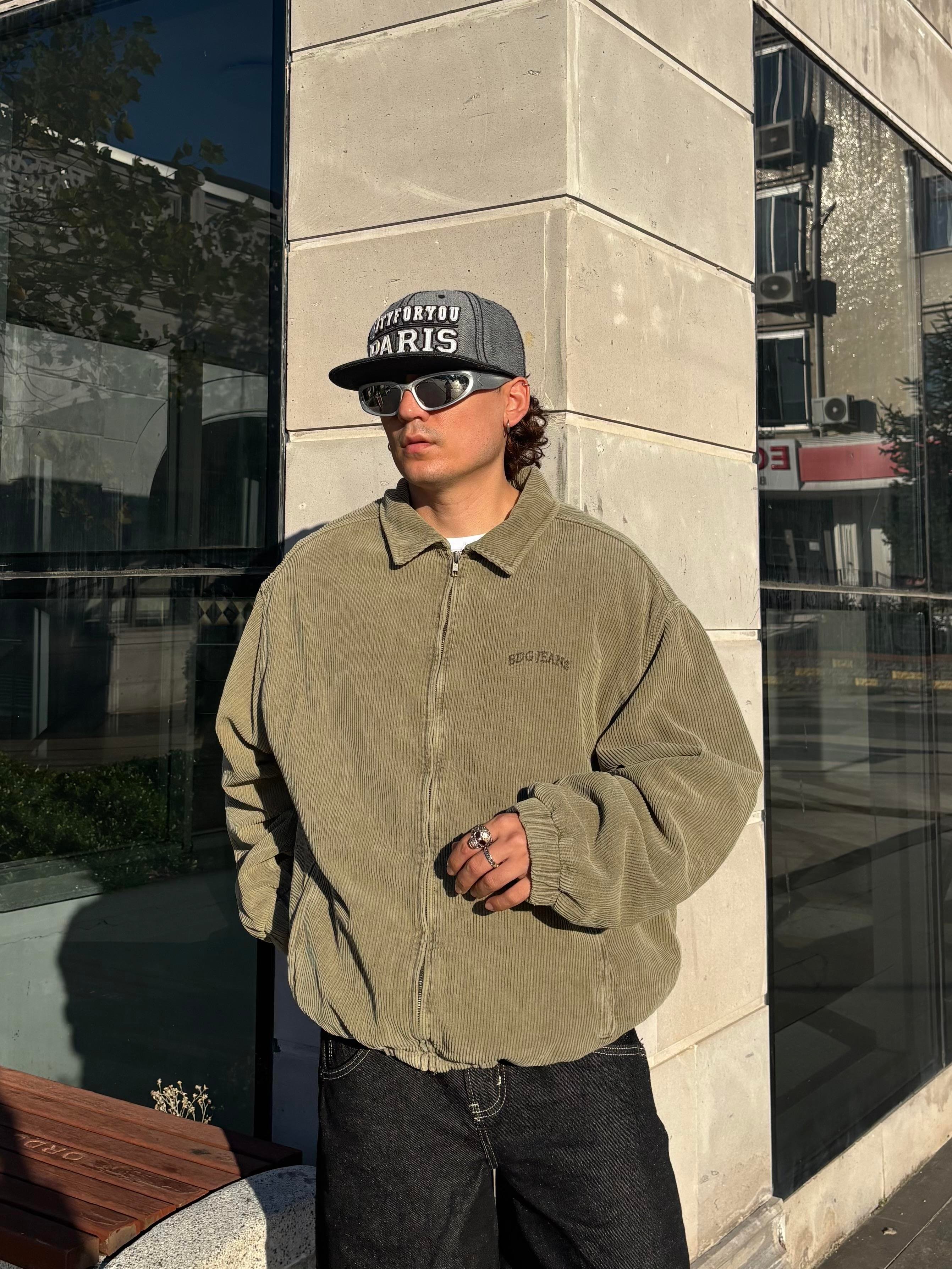 Premium Green Tone Fitilli Kadife Harrington Jacket