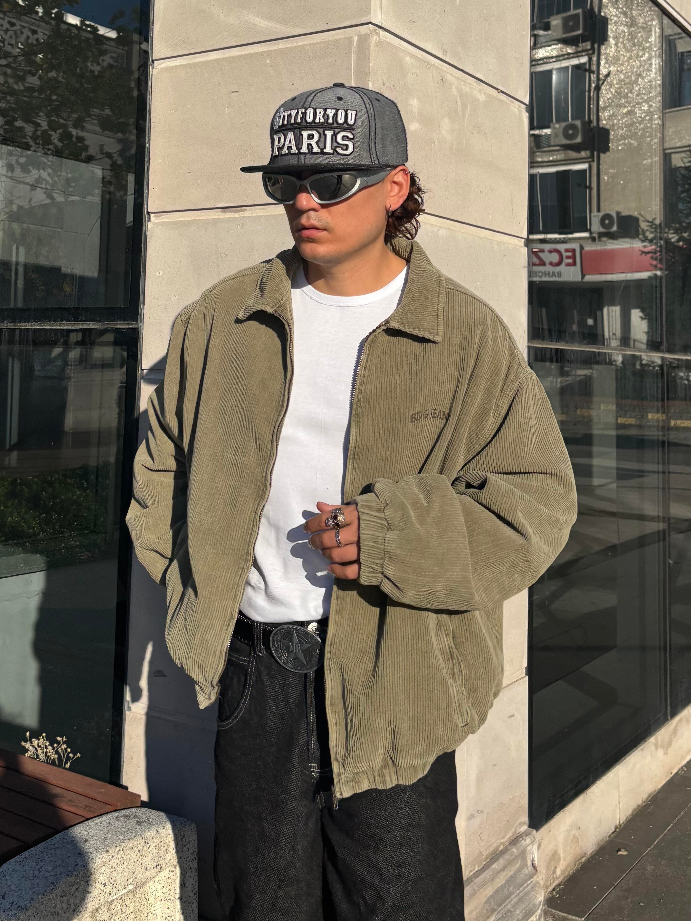 Premium Green Tone Fitilli Kadife Harrington Jacket