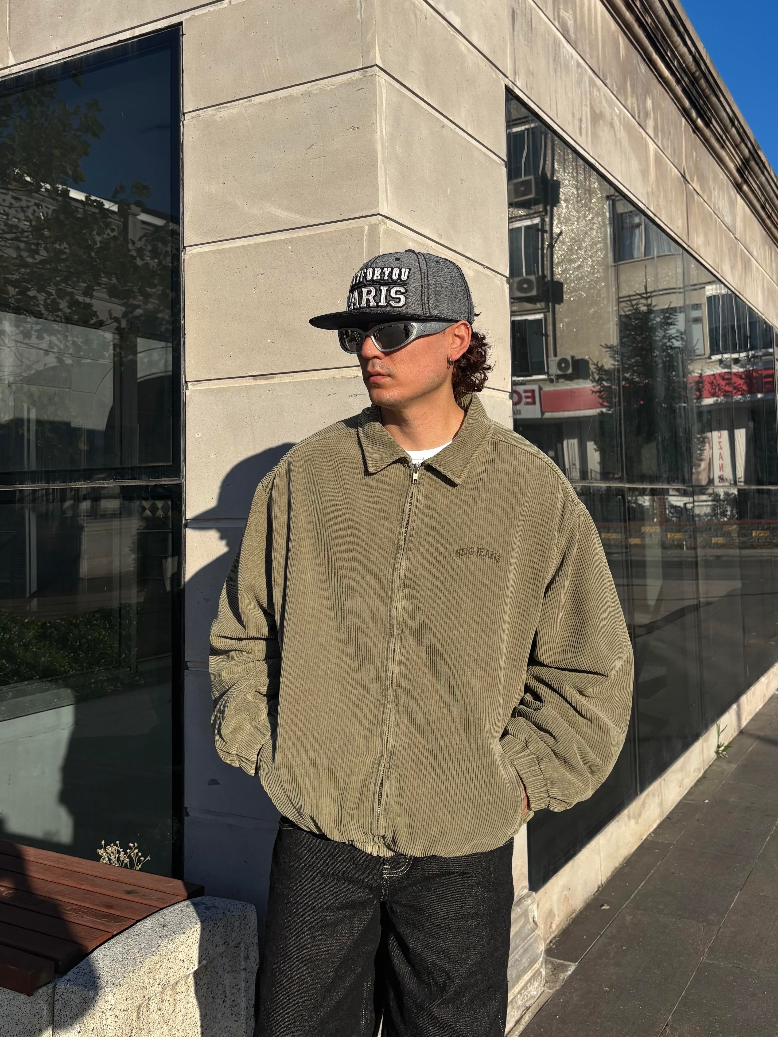 Premium Green Tone Fitilli Kadife Harrington Jacket