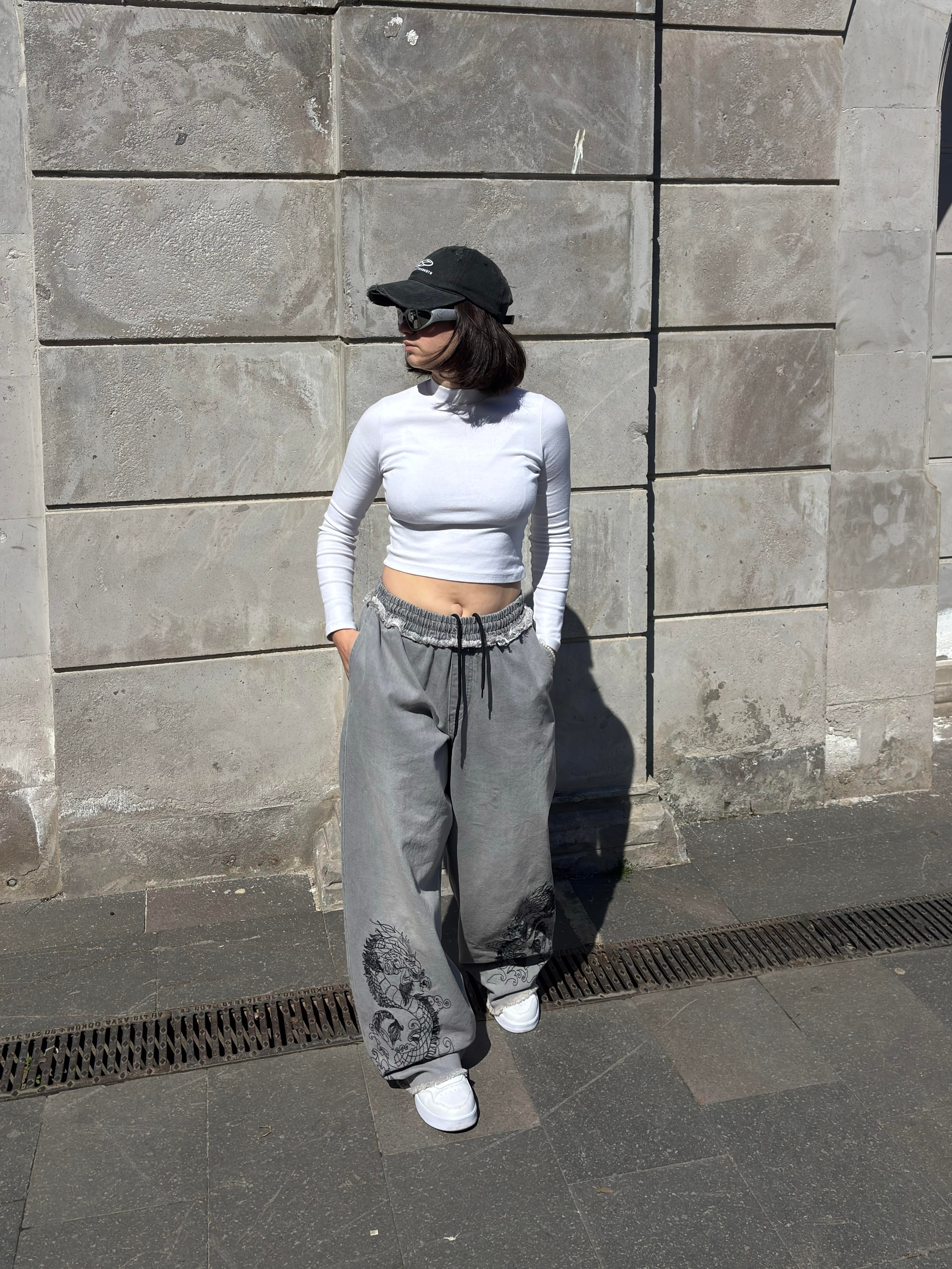 Premium Grey Tone Extreme Dragon Nakışlı Baggy Pants