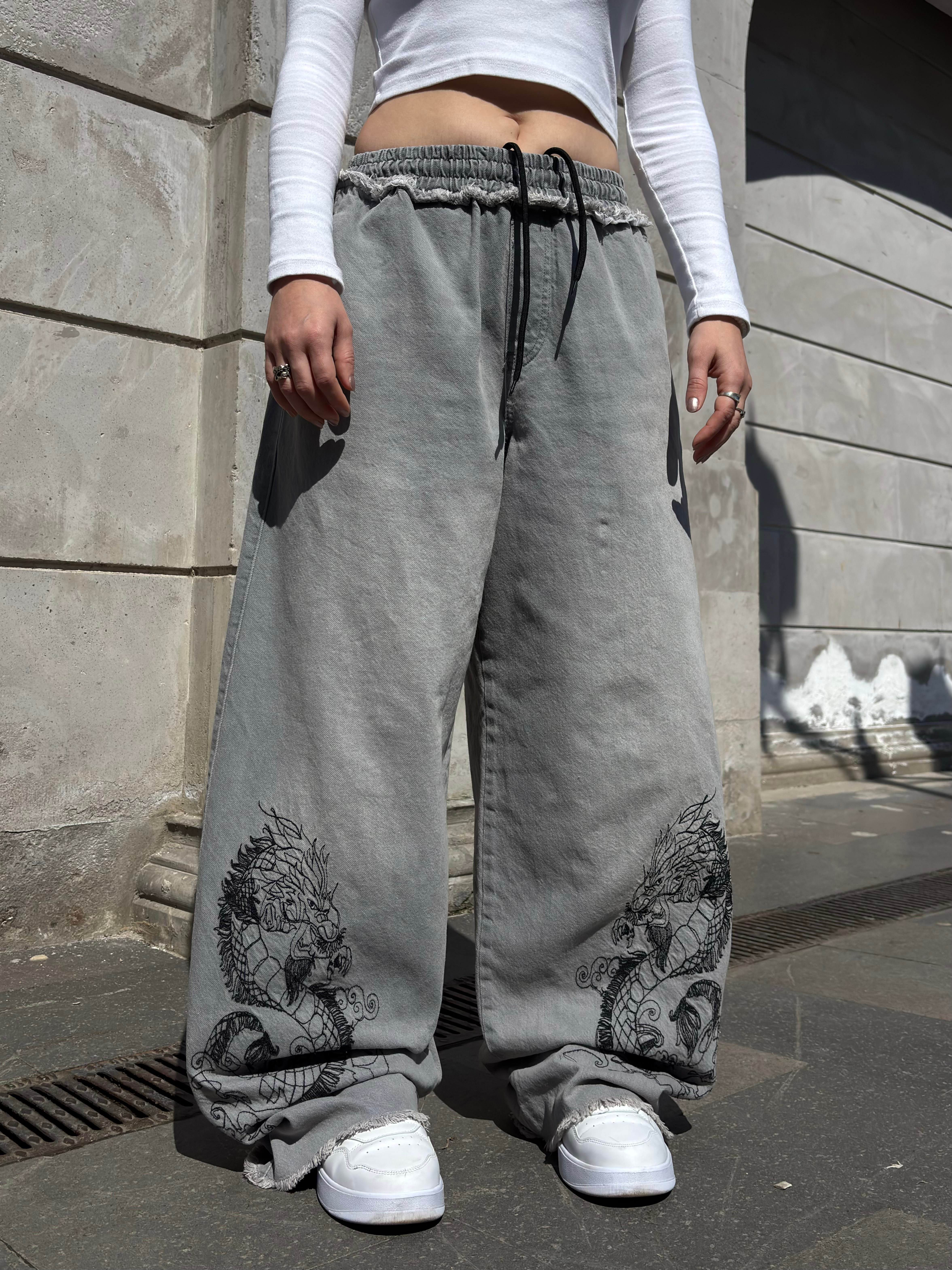 Premium Grey Tone Extreme Dragon Nakışlı Baggy Pants