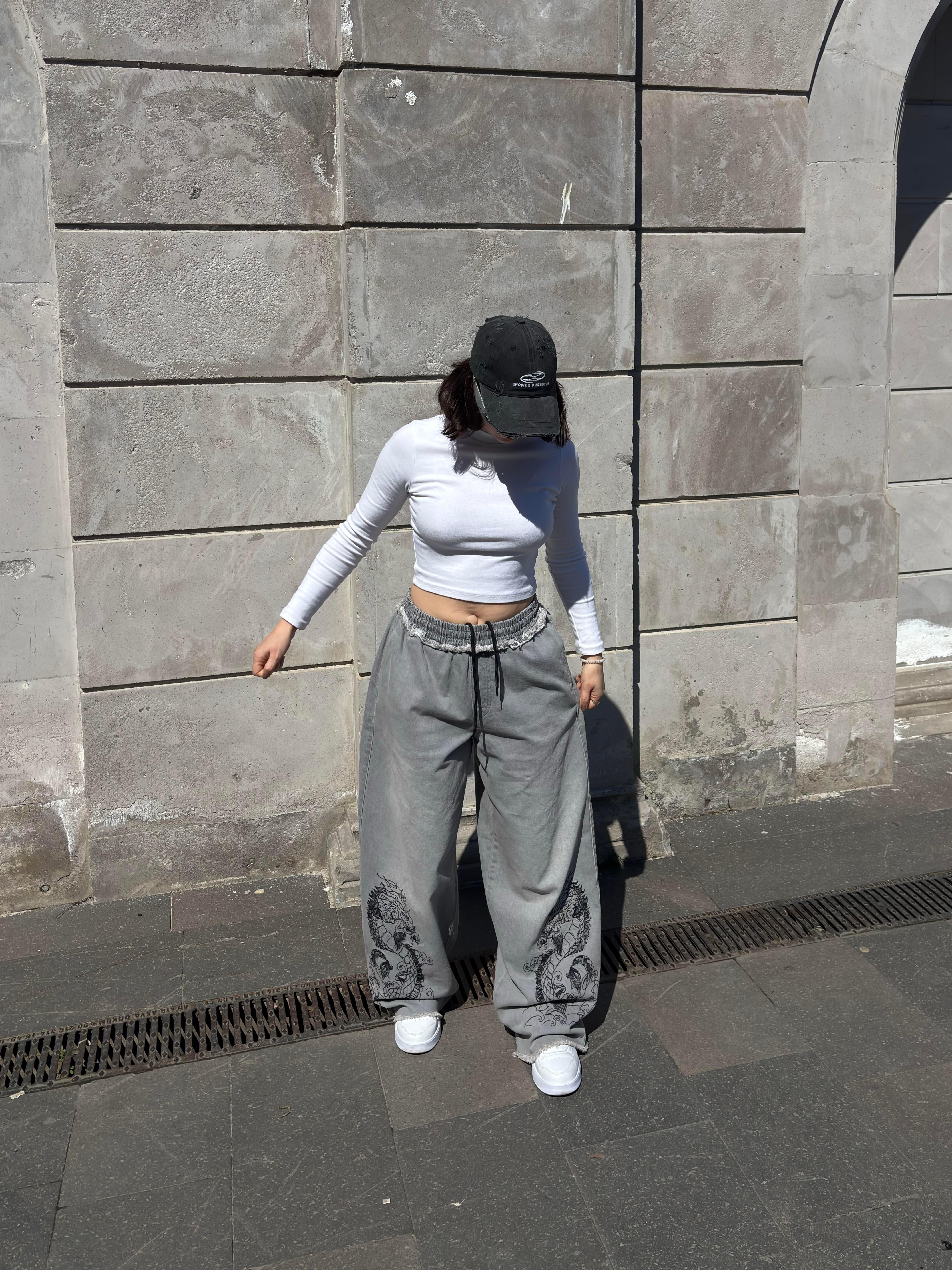 Premium Grey Tone Extreme Dragon Nakışlı Baggy Pants