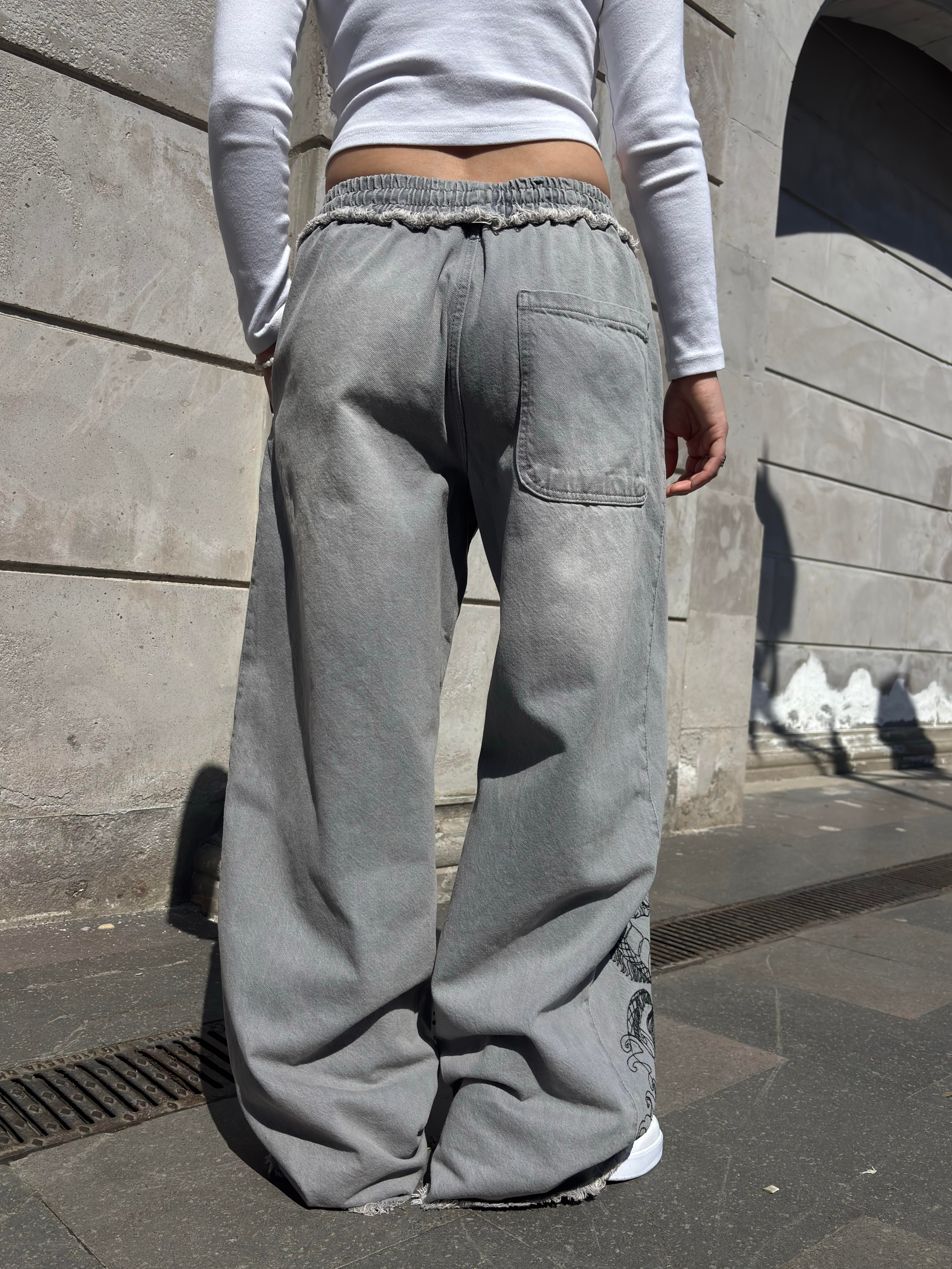 Premium Grey Tone Extreme Dragon Nakışlı Baggy Pants
