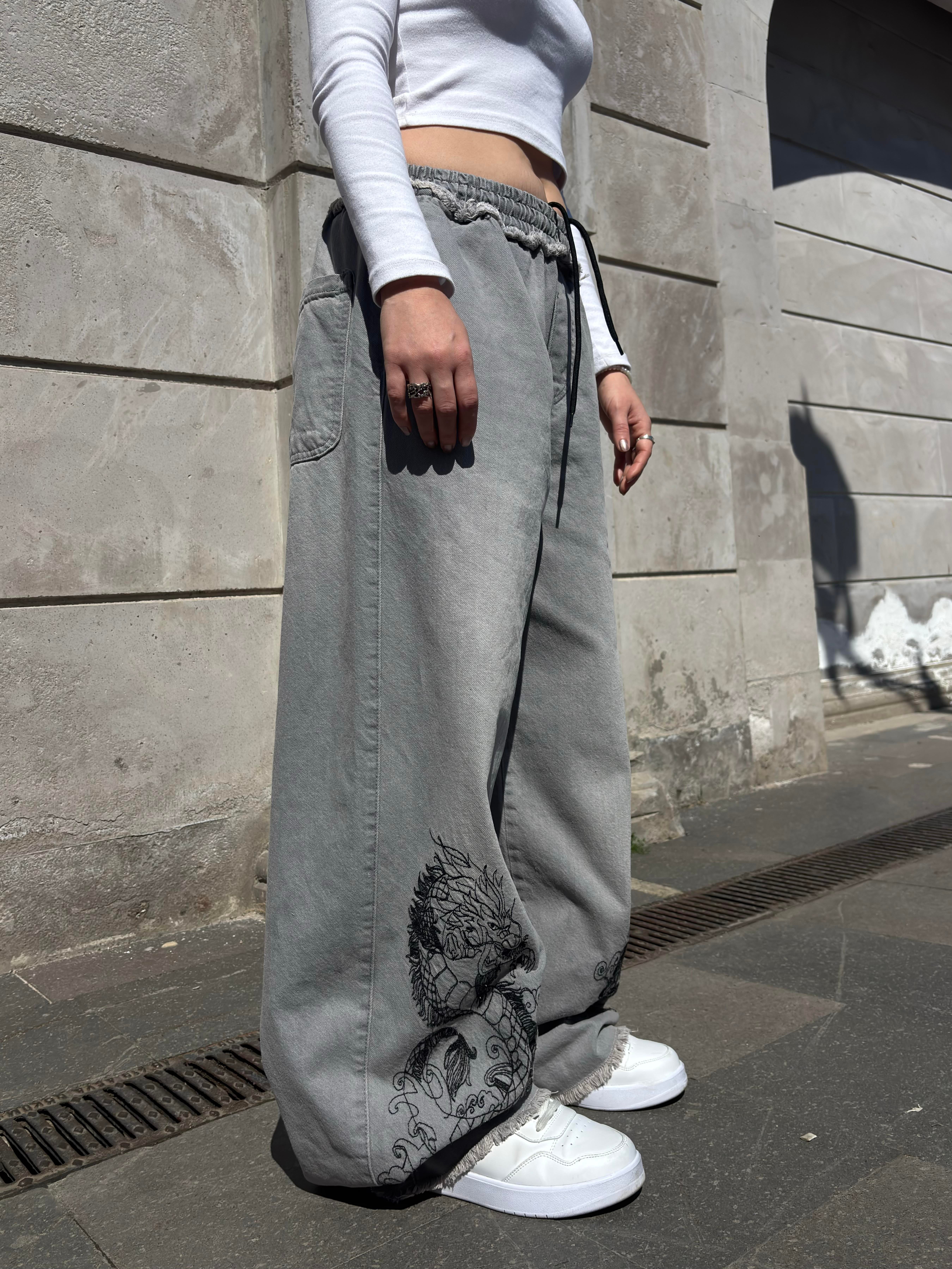 Premium Grey Tone Extreme Dragon Nakışlı Baggy Pants