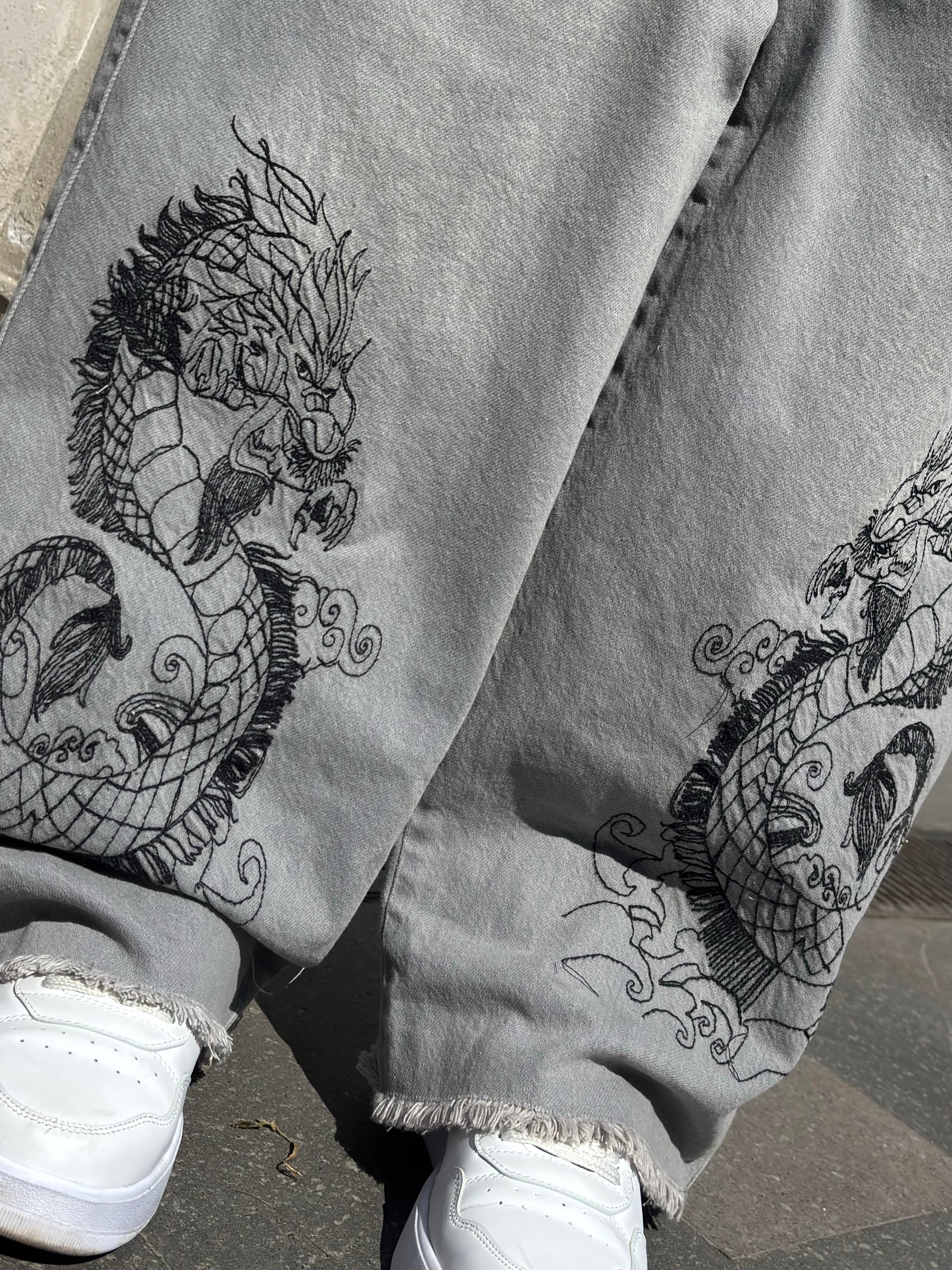 Premium Grey Tone Extreme Dragon Nakışlı Baggy Pants