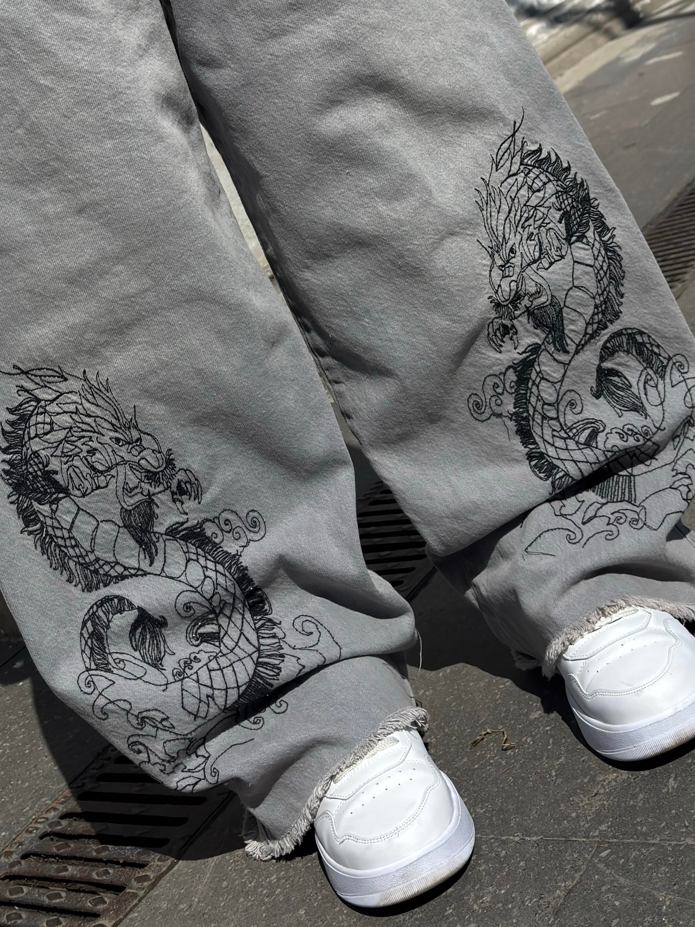 Premium Grey Tone Extreme Dragon Nakışlı Baggy Pants