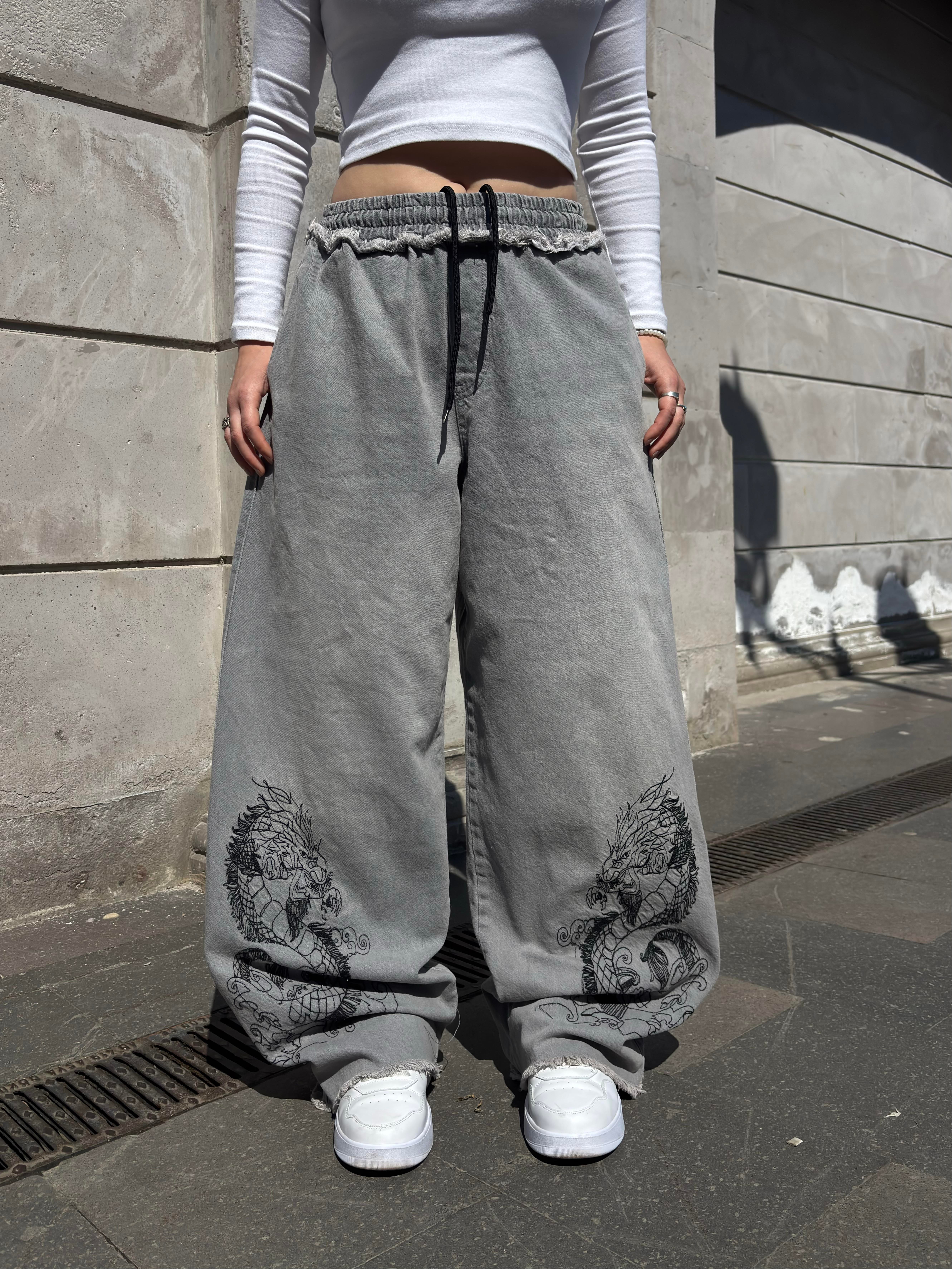 Premium Grey Tone Extreme Dragon Nakışlı Baggy Pants