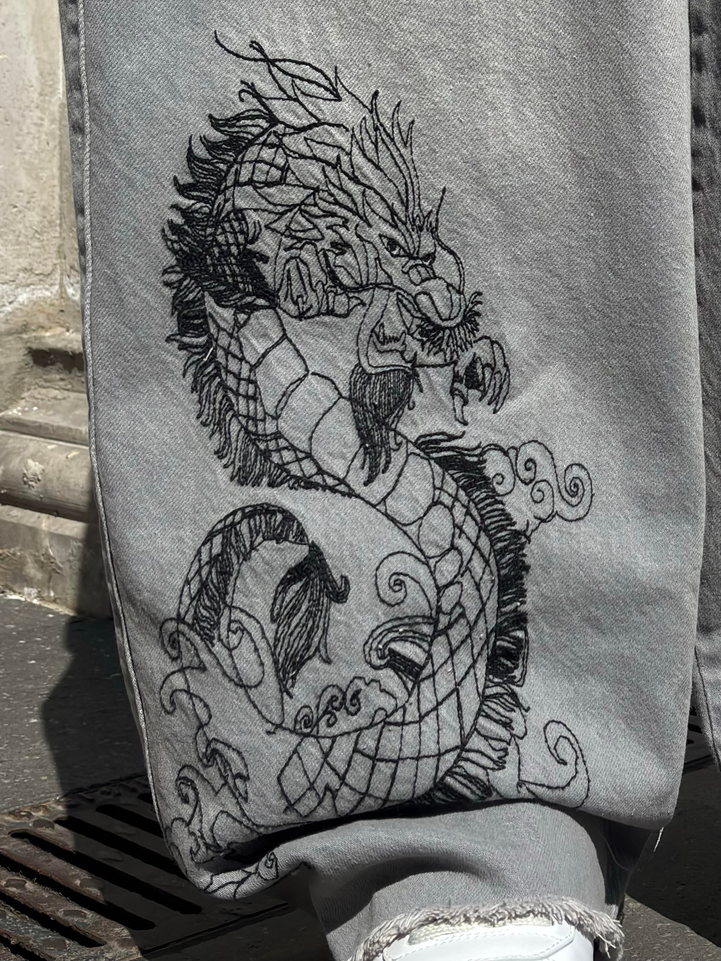 Premium Grey Tone Extreme Dragon Nakışlı Baggy Pants