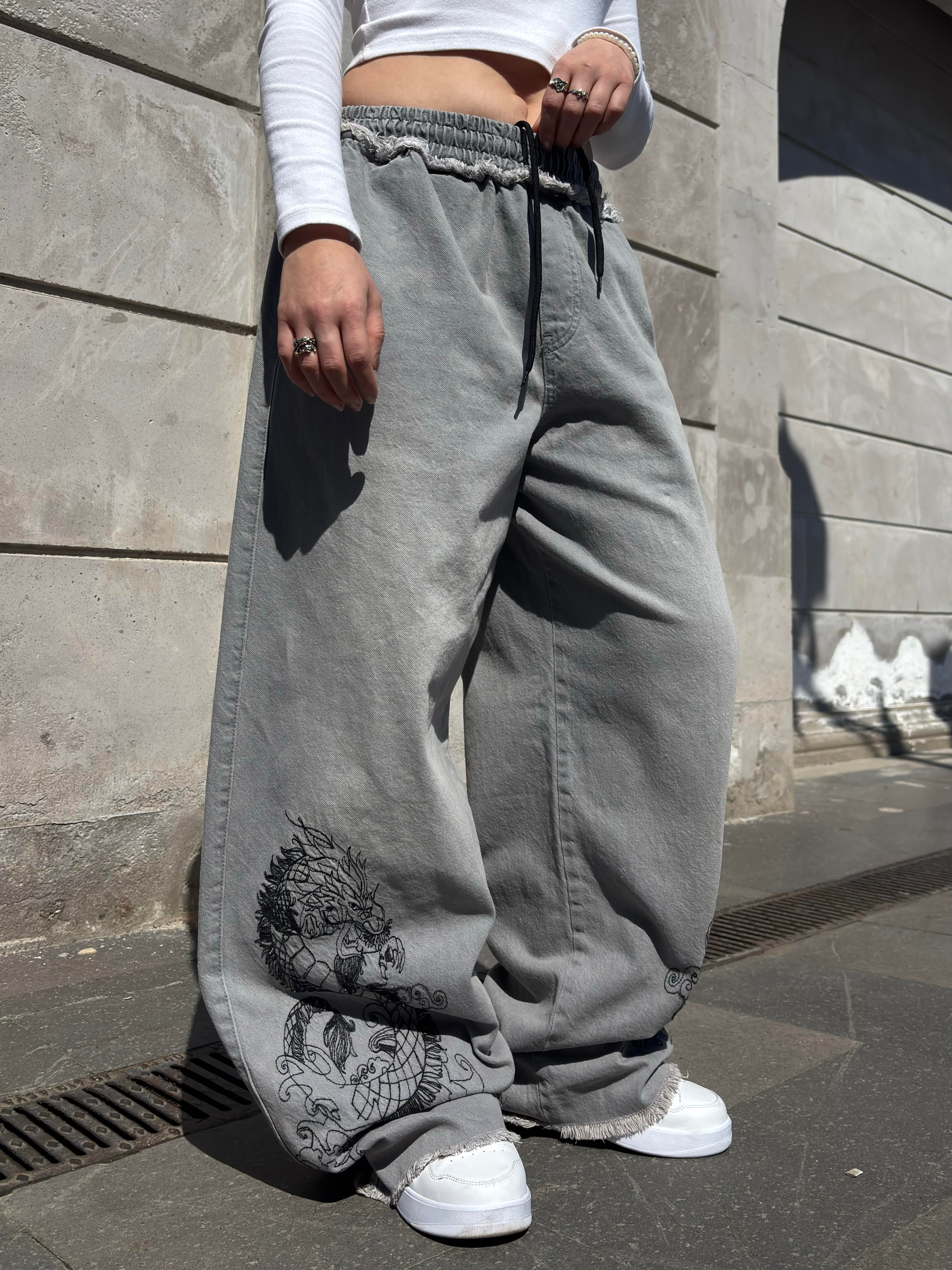 Premium Grey Tone Extreme Dragon Nakışlı Baggy Pants
