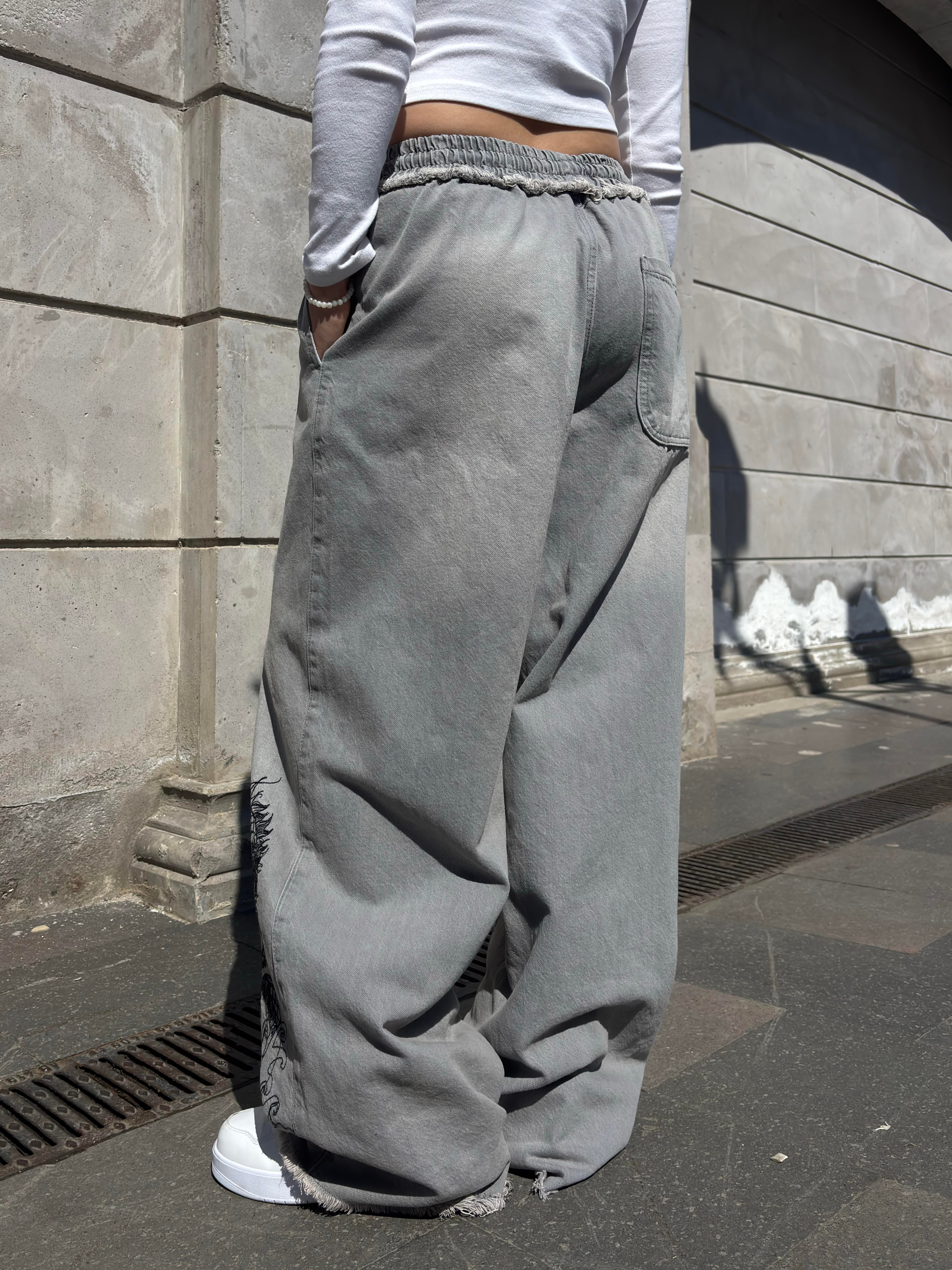 Premium Grey Tone Extreme Dragon Nakışlı Baggy Pants