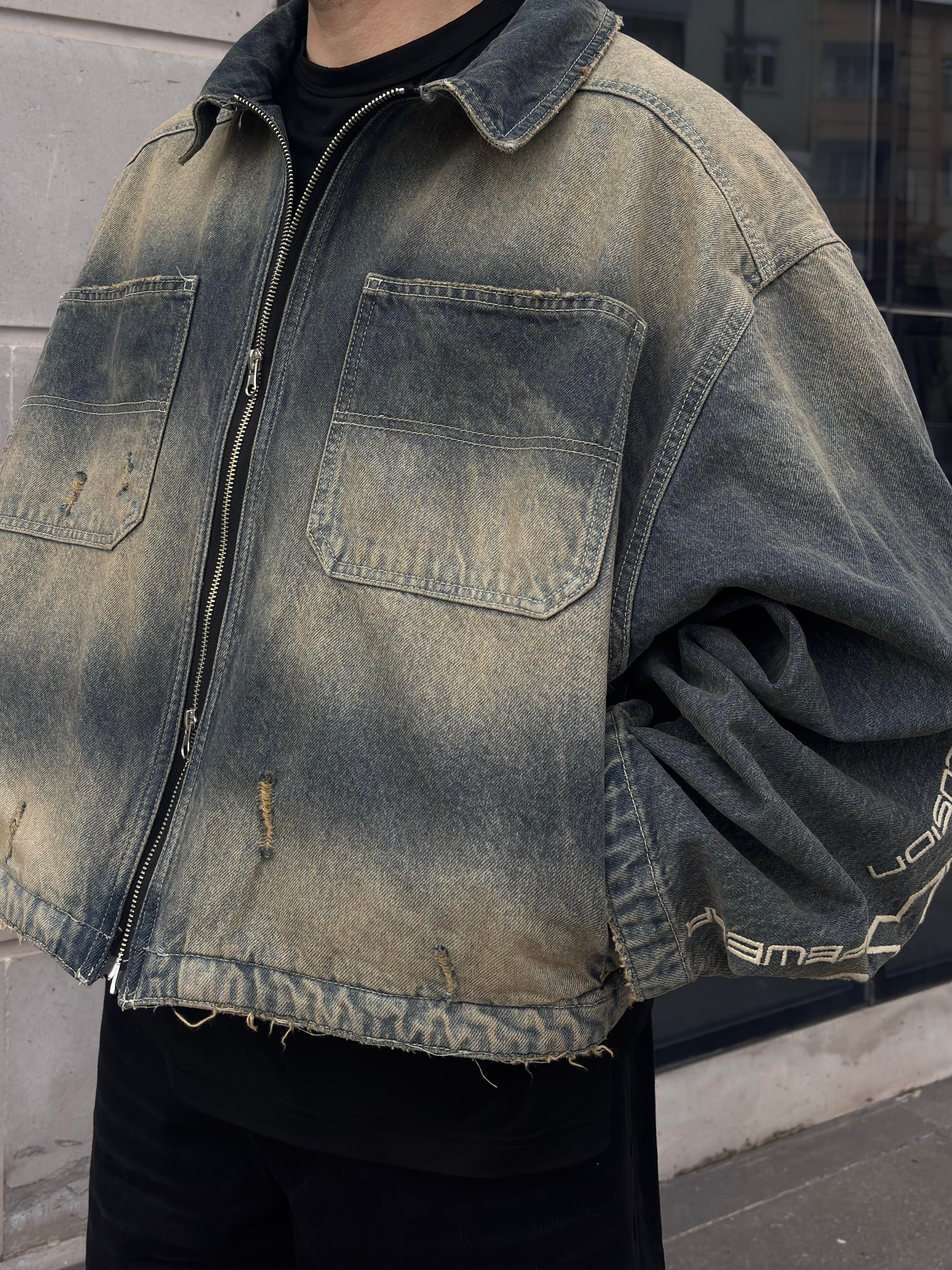 Premium Grey Wash Zip Through Carperter Unisex Denim Jacket
