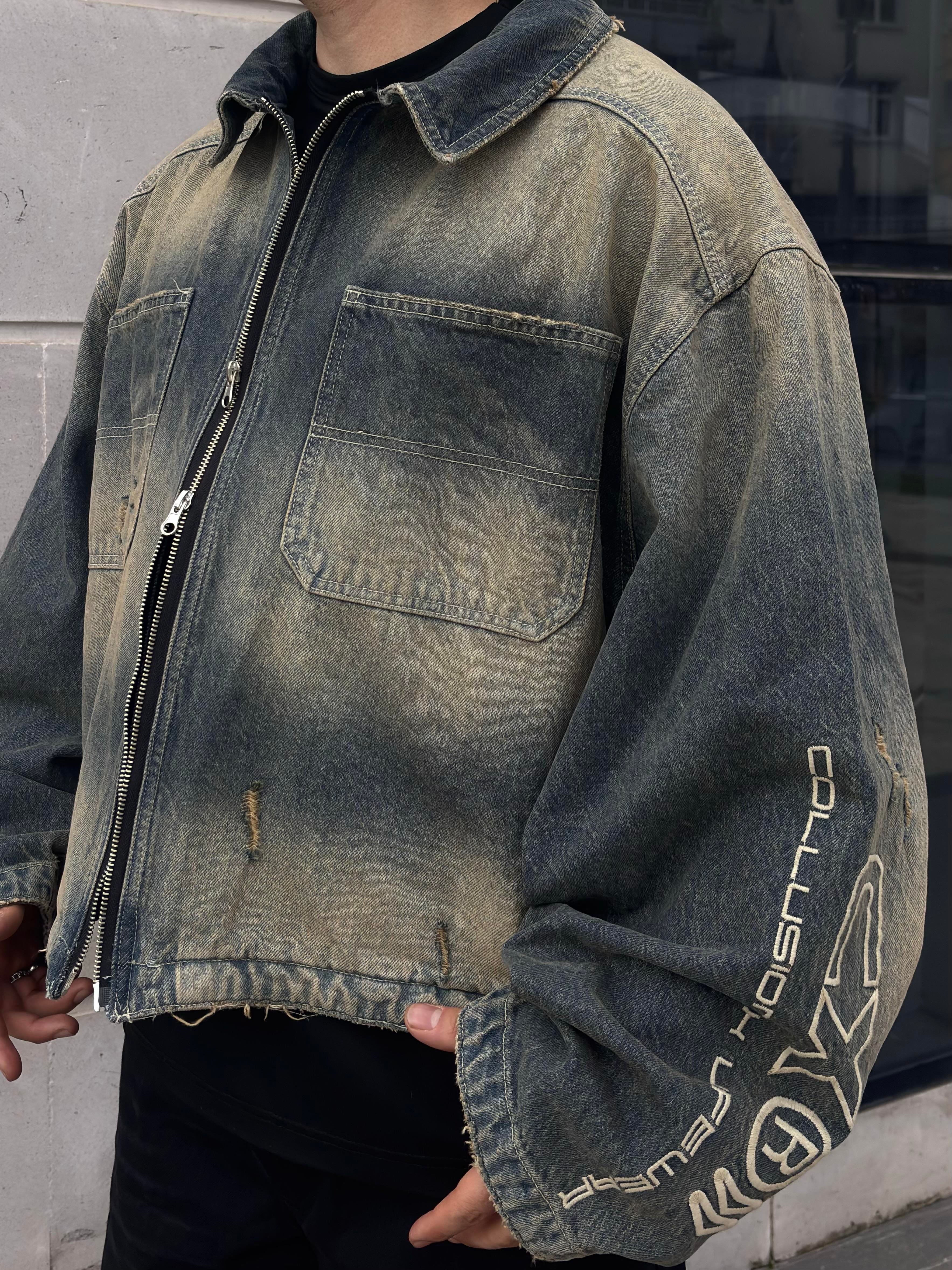 Premium Grey Wash Zip Through Carperter Unisex Denim Jacket