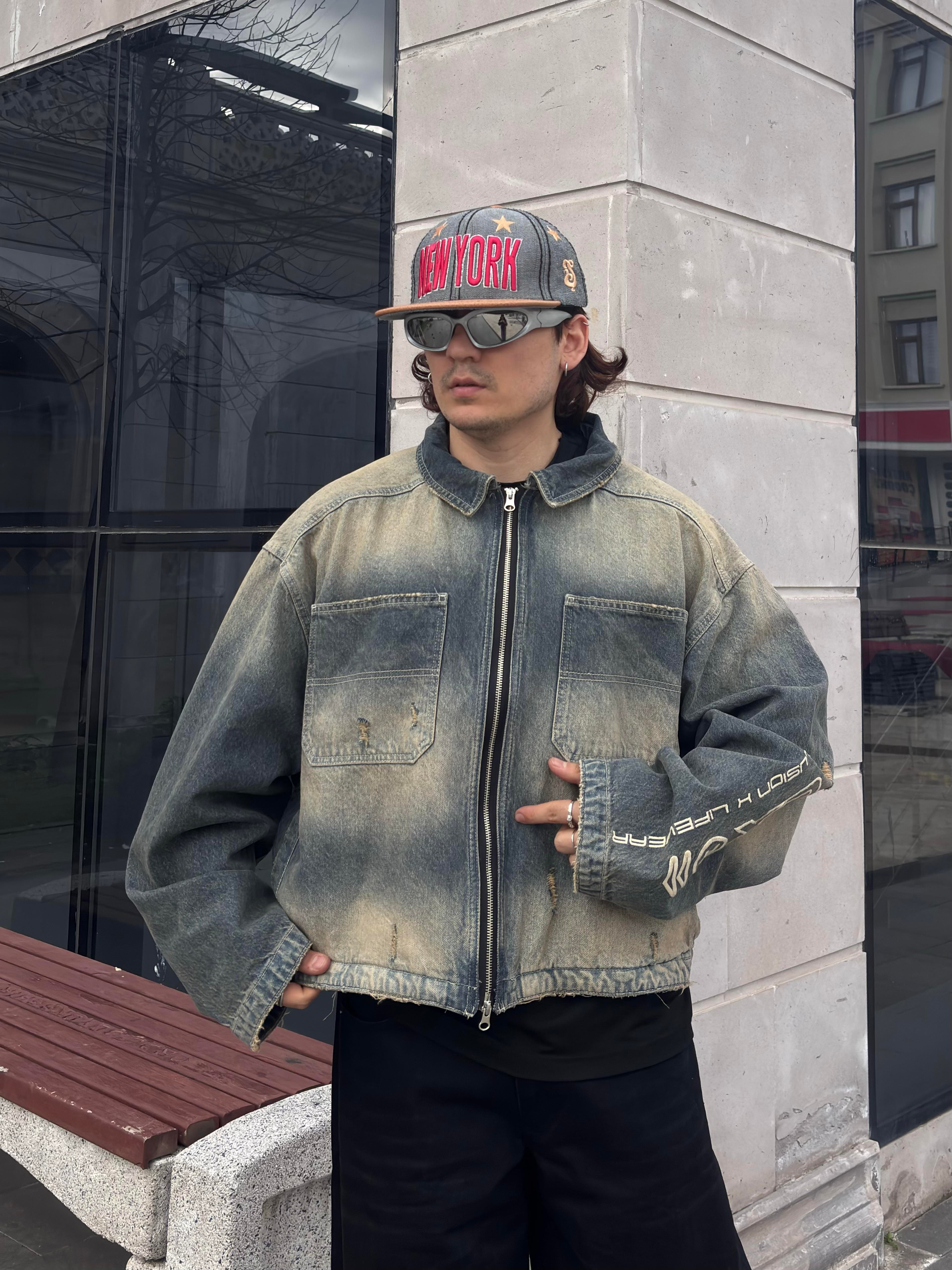 Premium Grey Wash Zip Through Carperter Unisex Denim Jacket