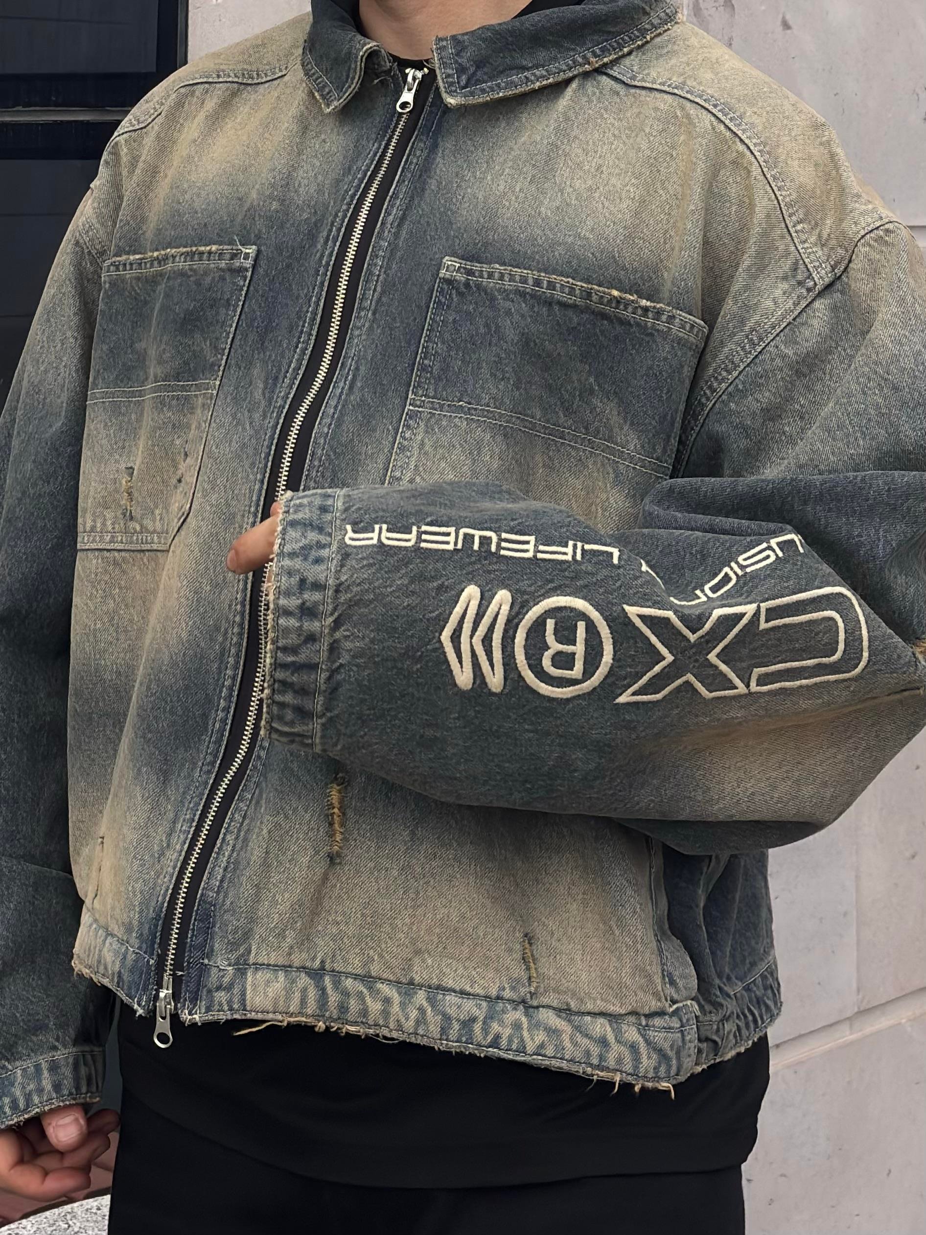 Premium Grey Wash Zip Through Carperter Unisex Denim Jacket