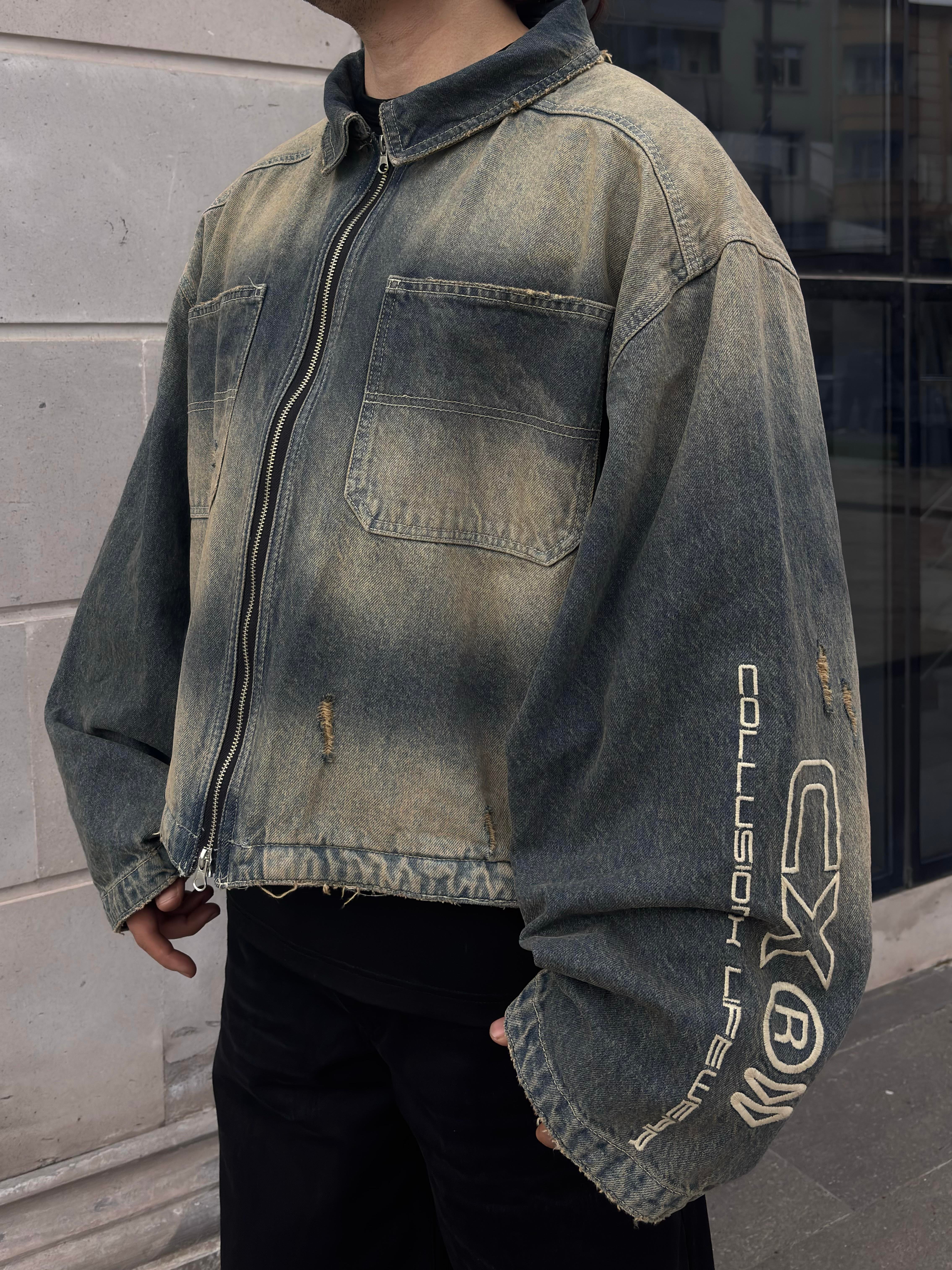 Premium Grey Wash Zip Through Carperter Unisex Denim Jacket