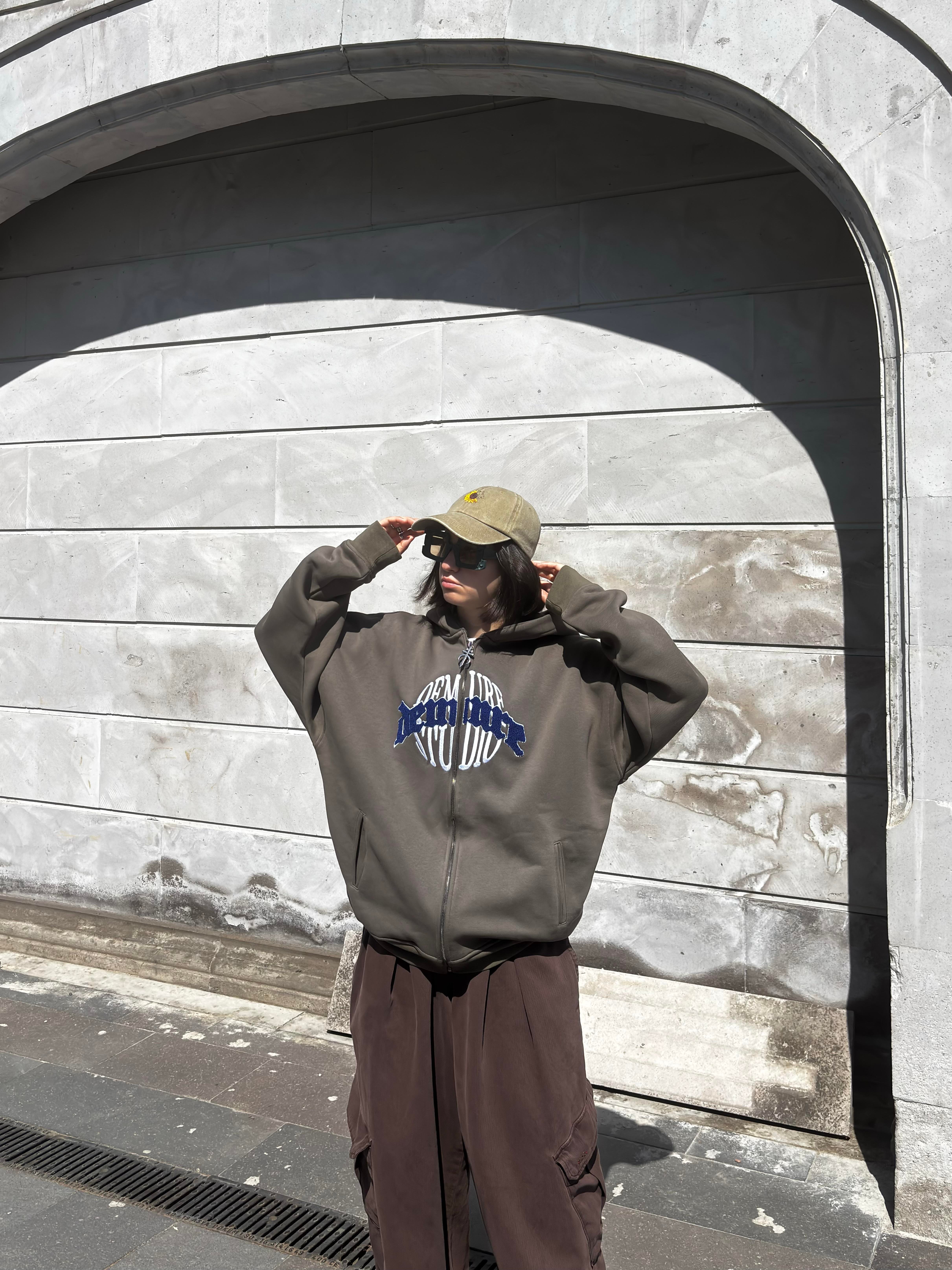 Premium Haki Ton Nakışlı Zipper Oversized Hoodie
