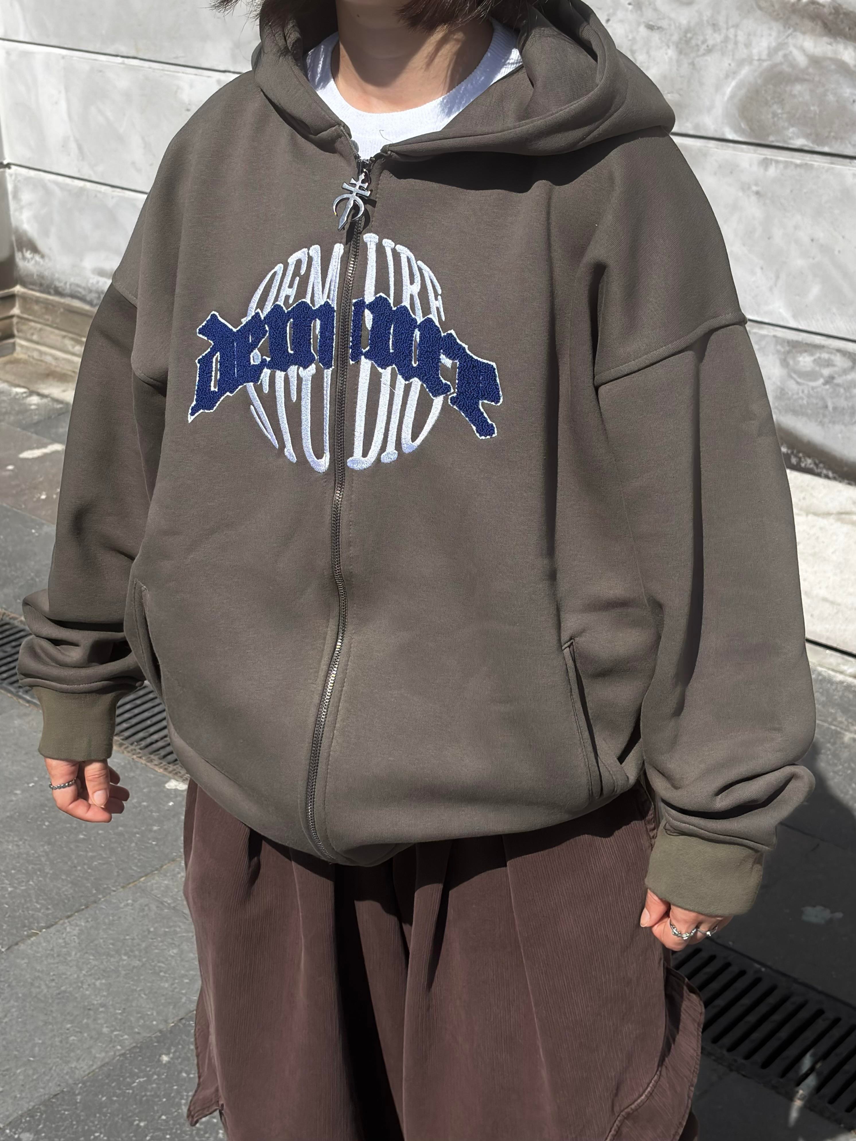 Premium Haki Ton Nakışlı Zipper Oversized Hoodie