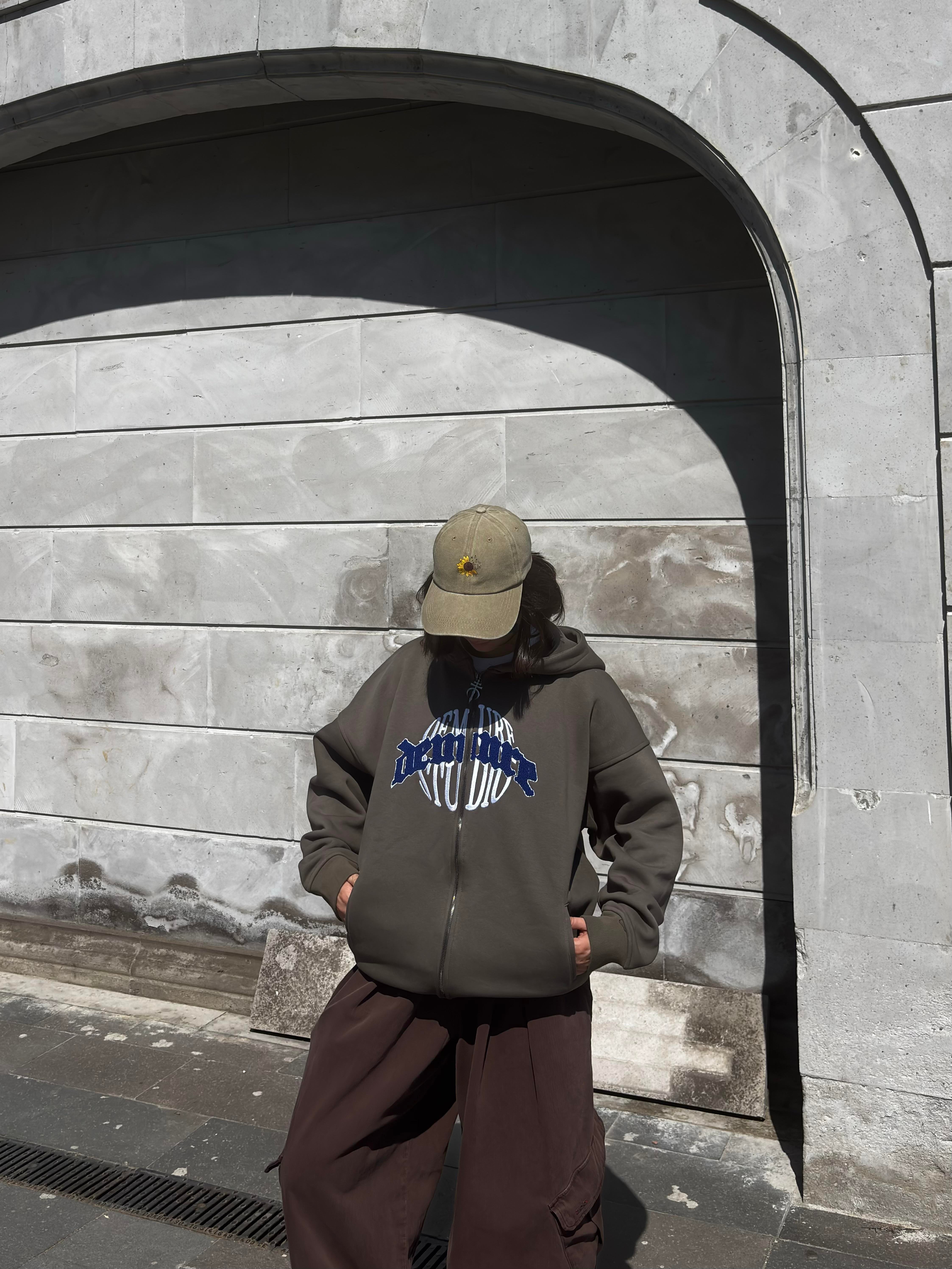 Premium Haki Ton Nakışlı Zipper Oversized Hoodie