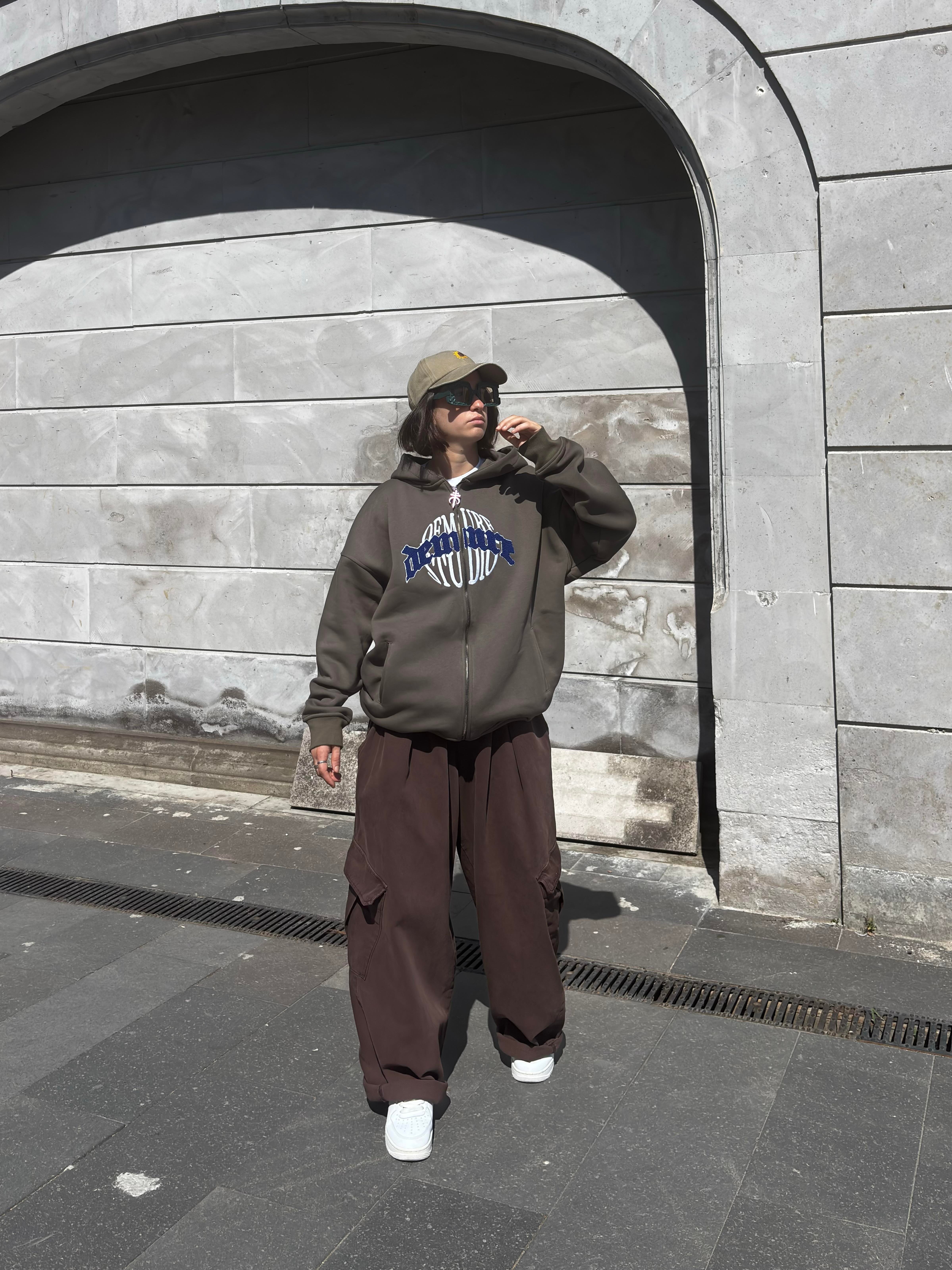 Premium Haki Ton Nakışlı Zipper Oversized Hoodie