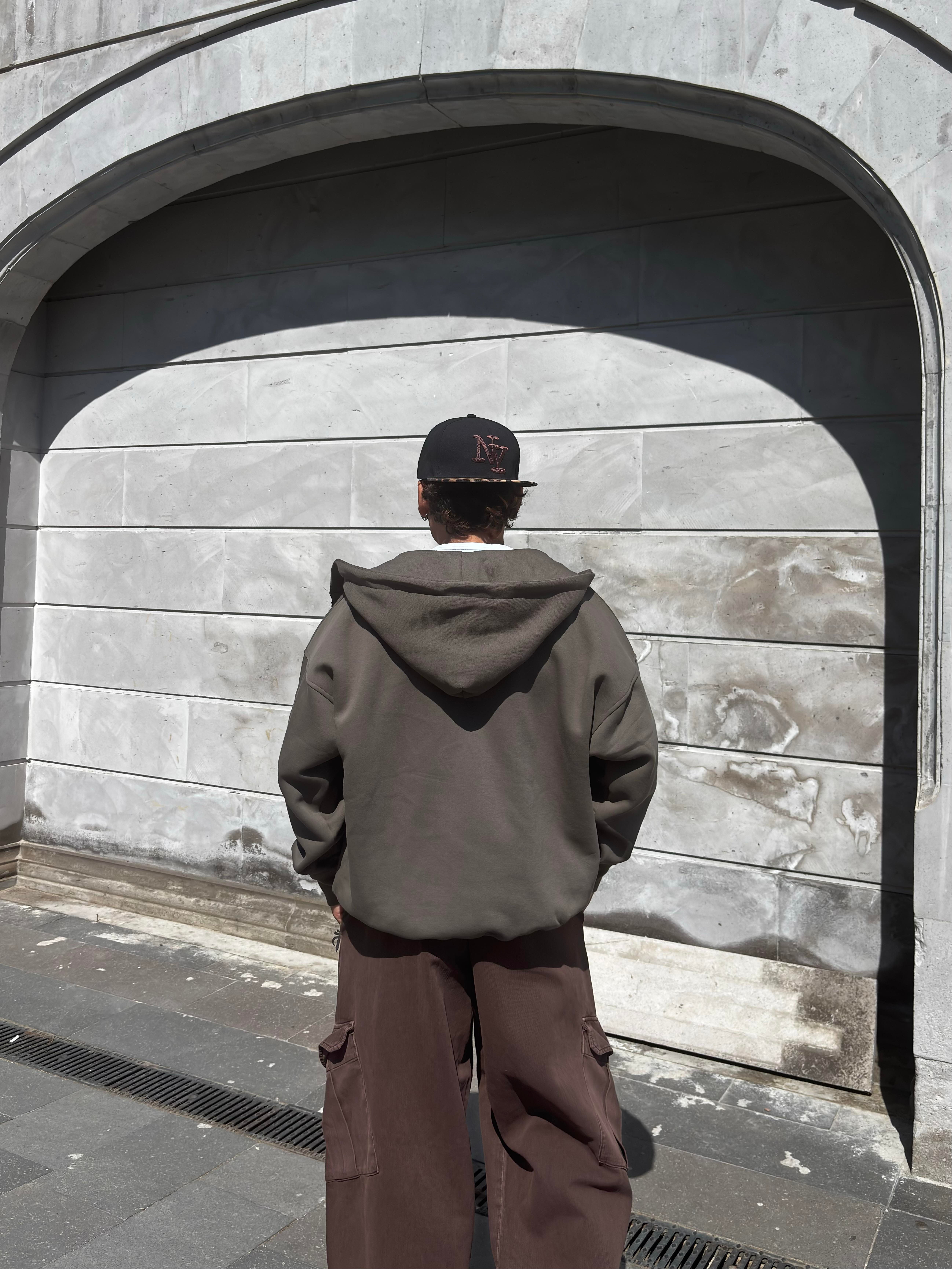 Premium Haki Ton Nakışlı Zipper Oversized Hoodie