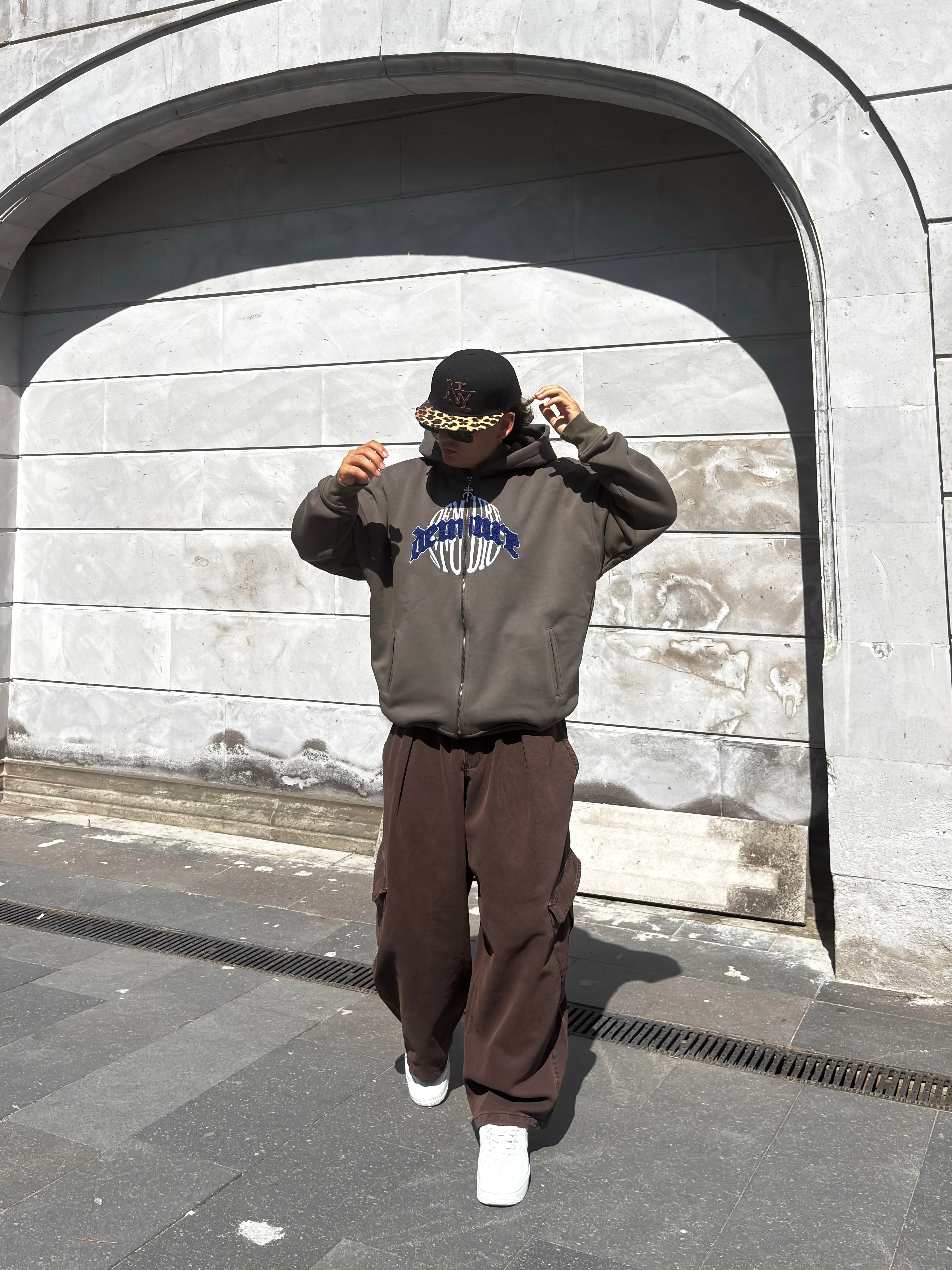 Premium Haki Ton Nakışlı Zipper Oversized Hoodie
