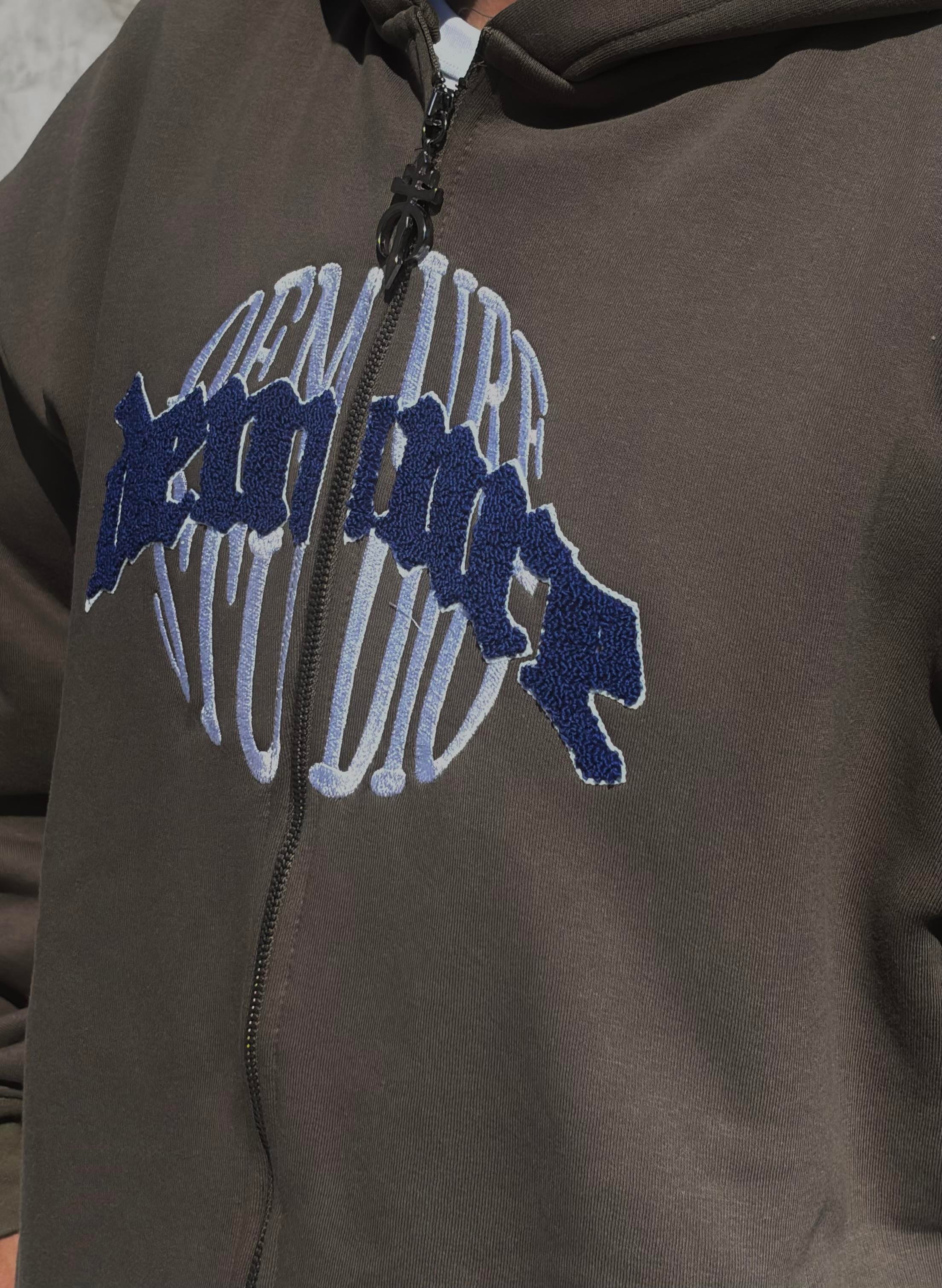 Premium Haki Ton Nakışlı Zipper Oversized Hoodie