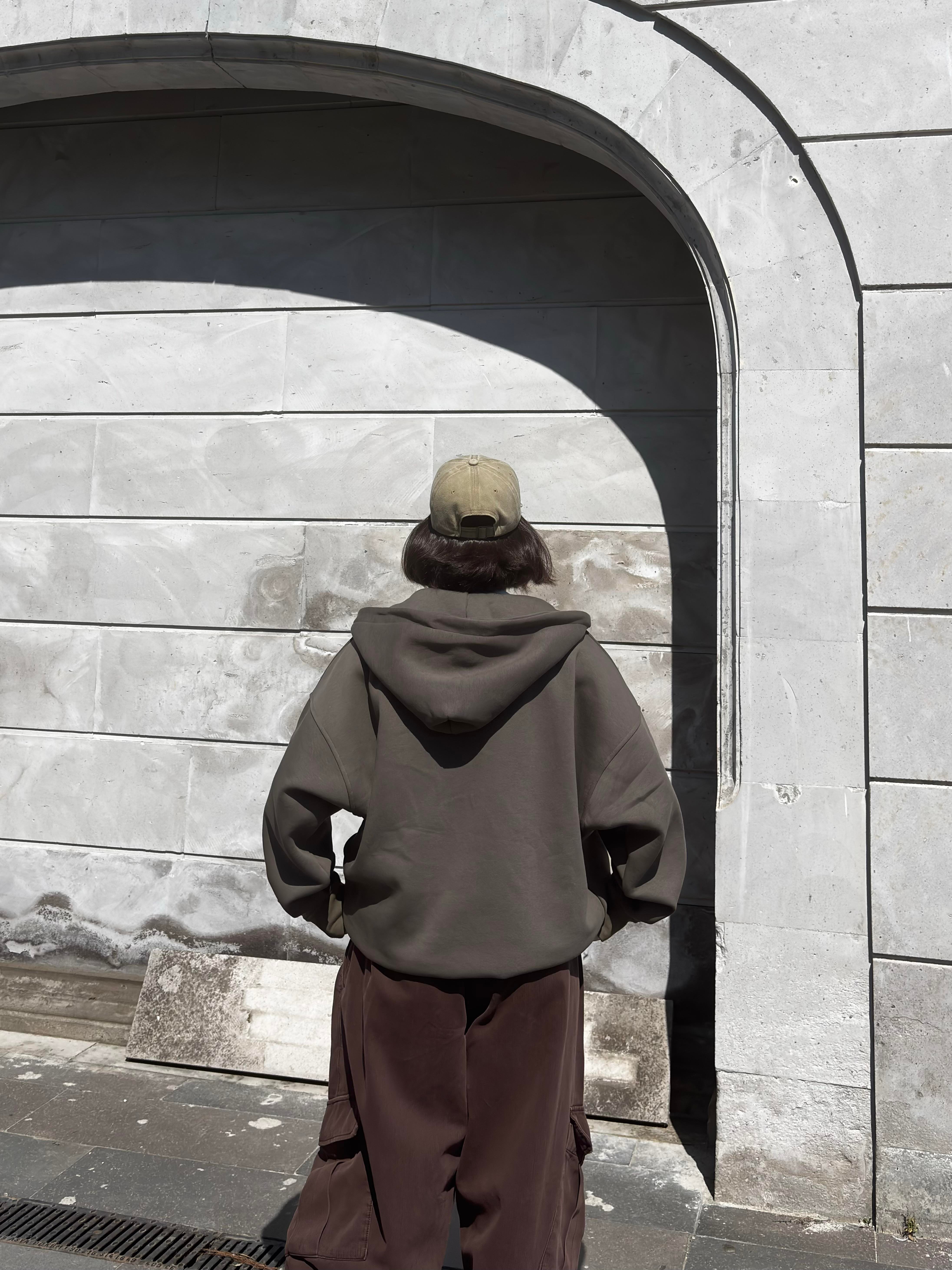 Premium Haki Ton Nakışlı Zipper Oversized Hoodie