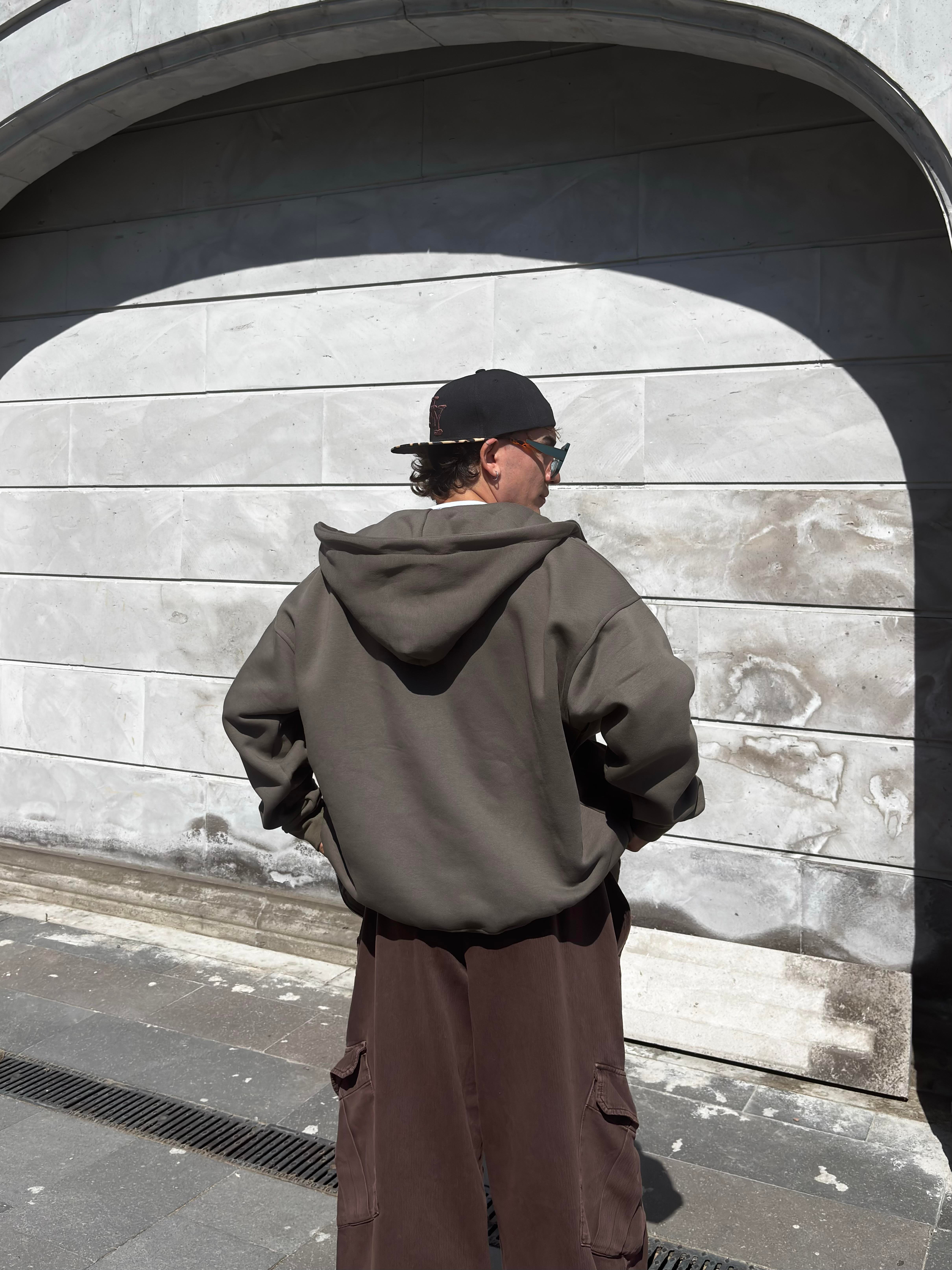 Premium Haki Ton Nakışlı Zipper Oversized Hoodie