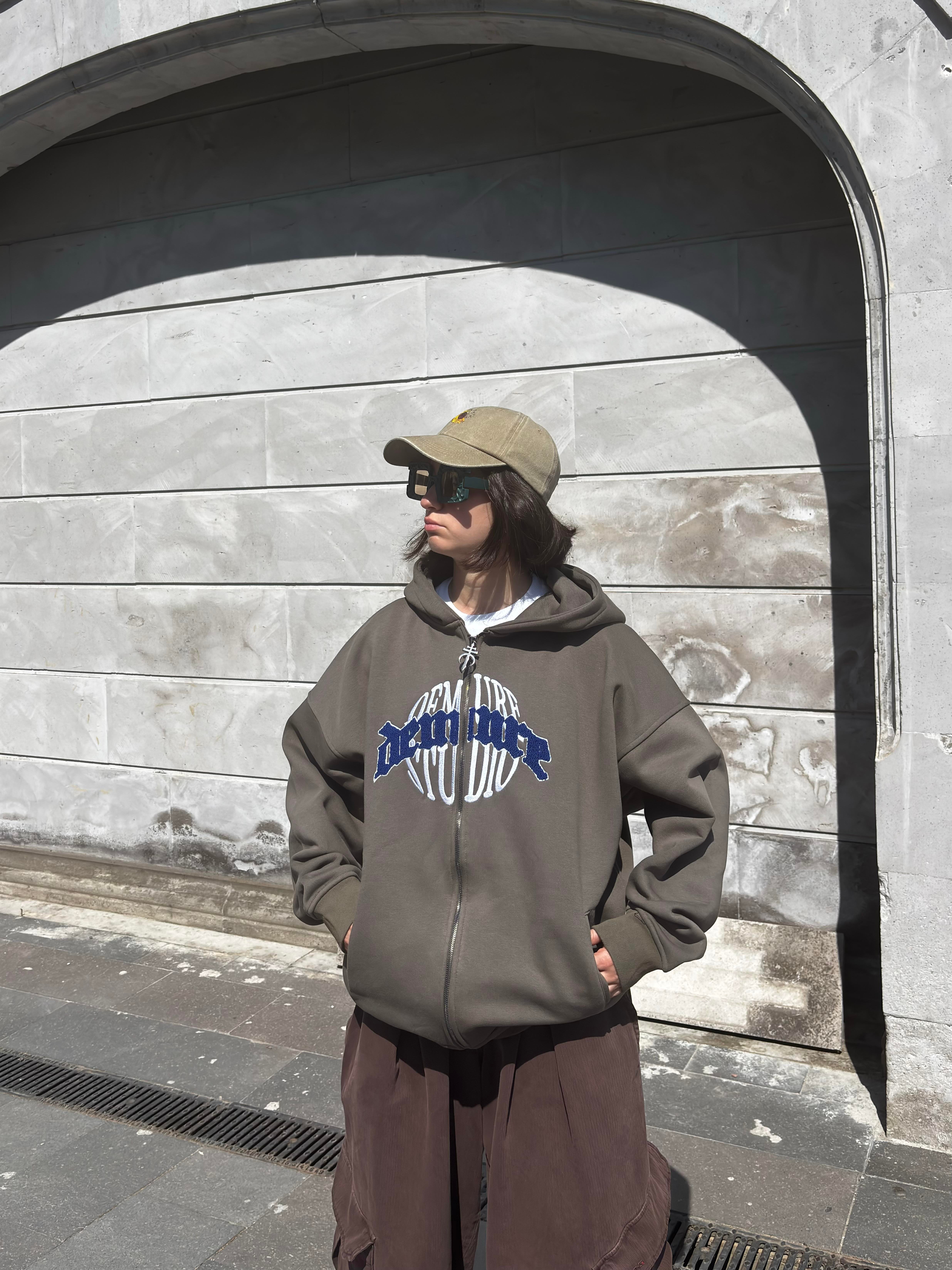 Premium Haki Ton Nakışlı Zipper Oversized Hoodie