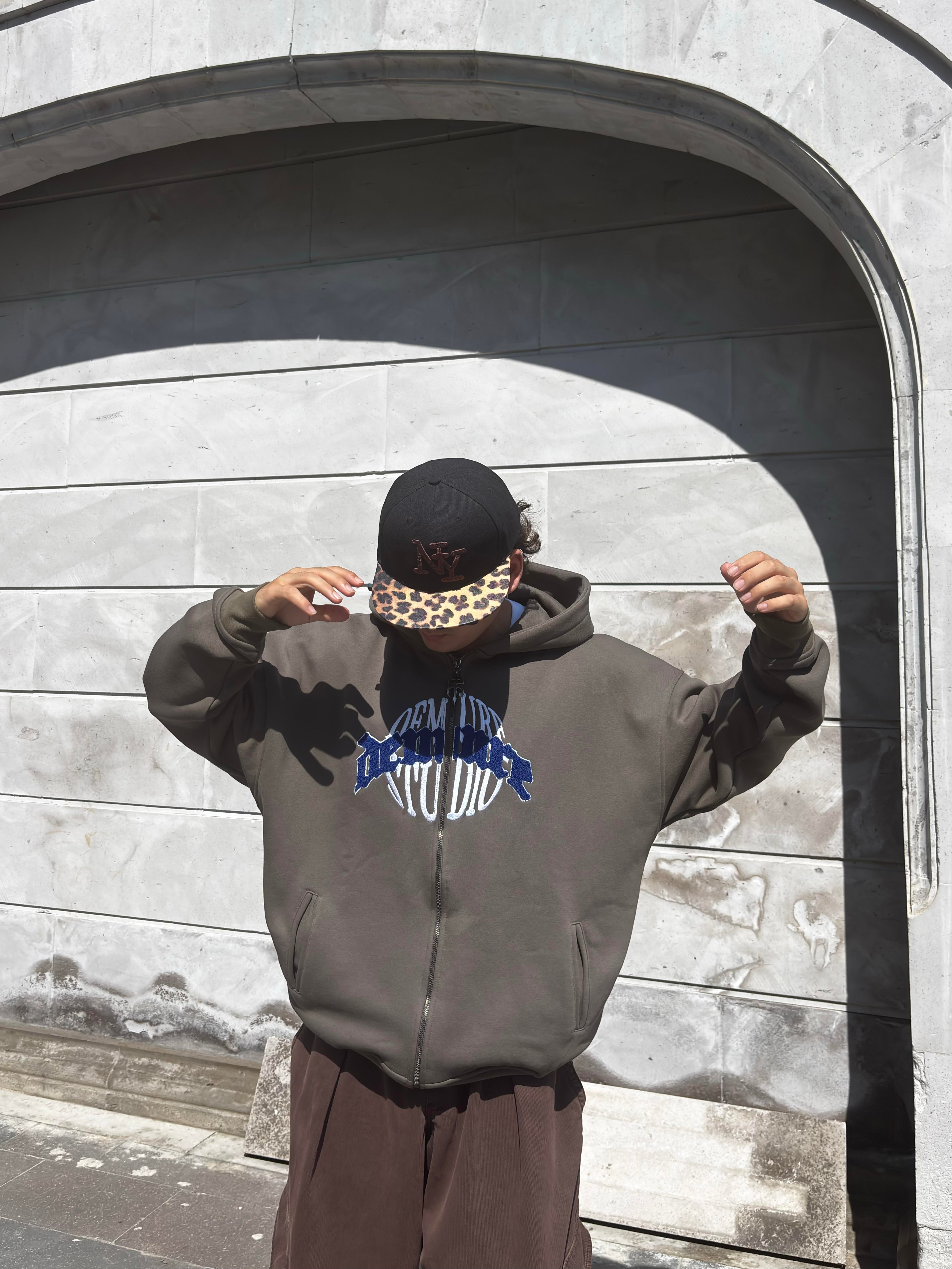Premium Haki Ton Nakışlı Zipper Oversized Hoodie