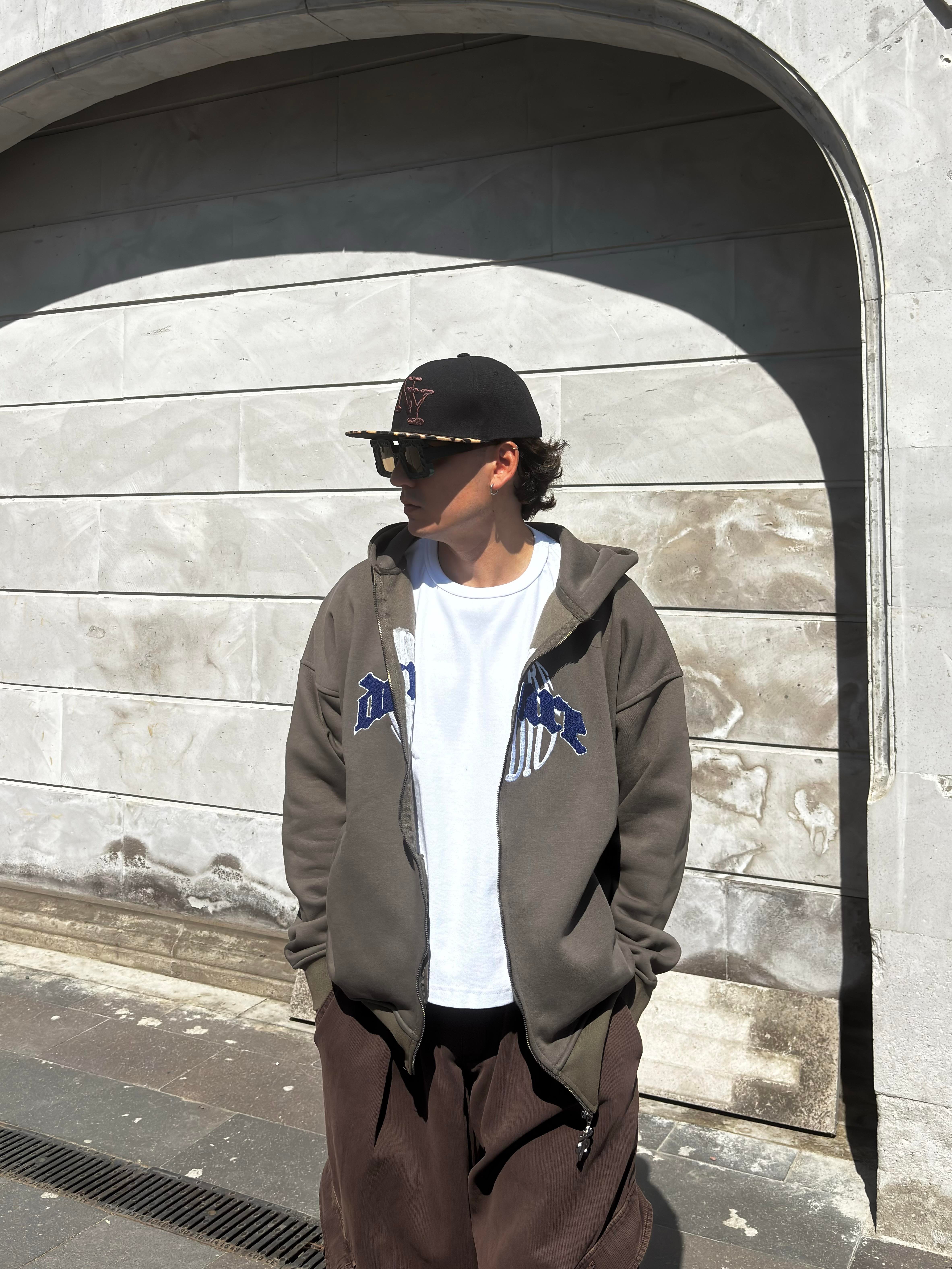 Premium Haki Ton Nakışlı Zipper Oversized Hoodie