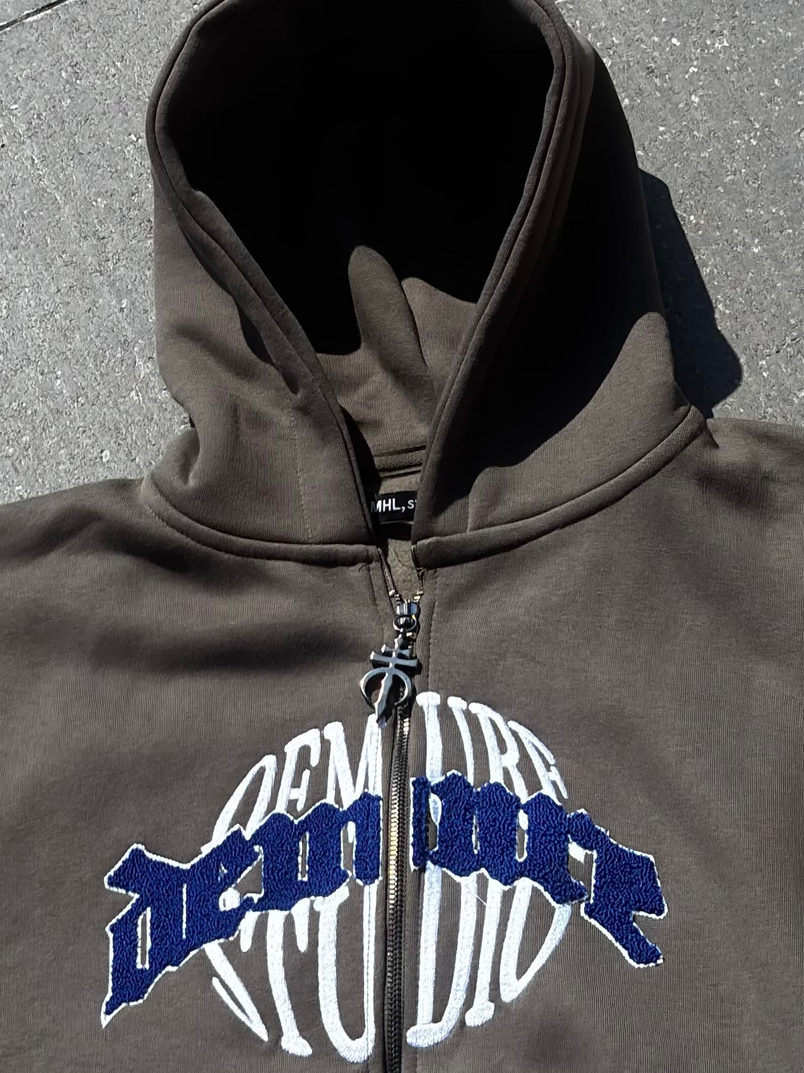 Premium Haki Ton Nakışlı Zipper Oversized Hoodie
