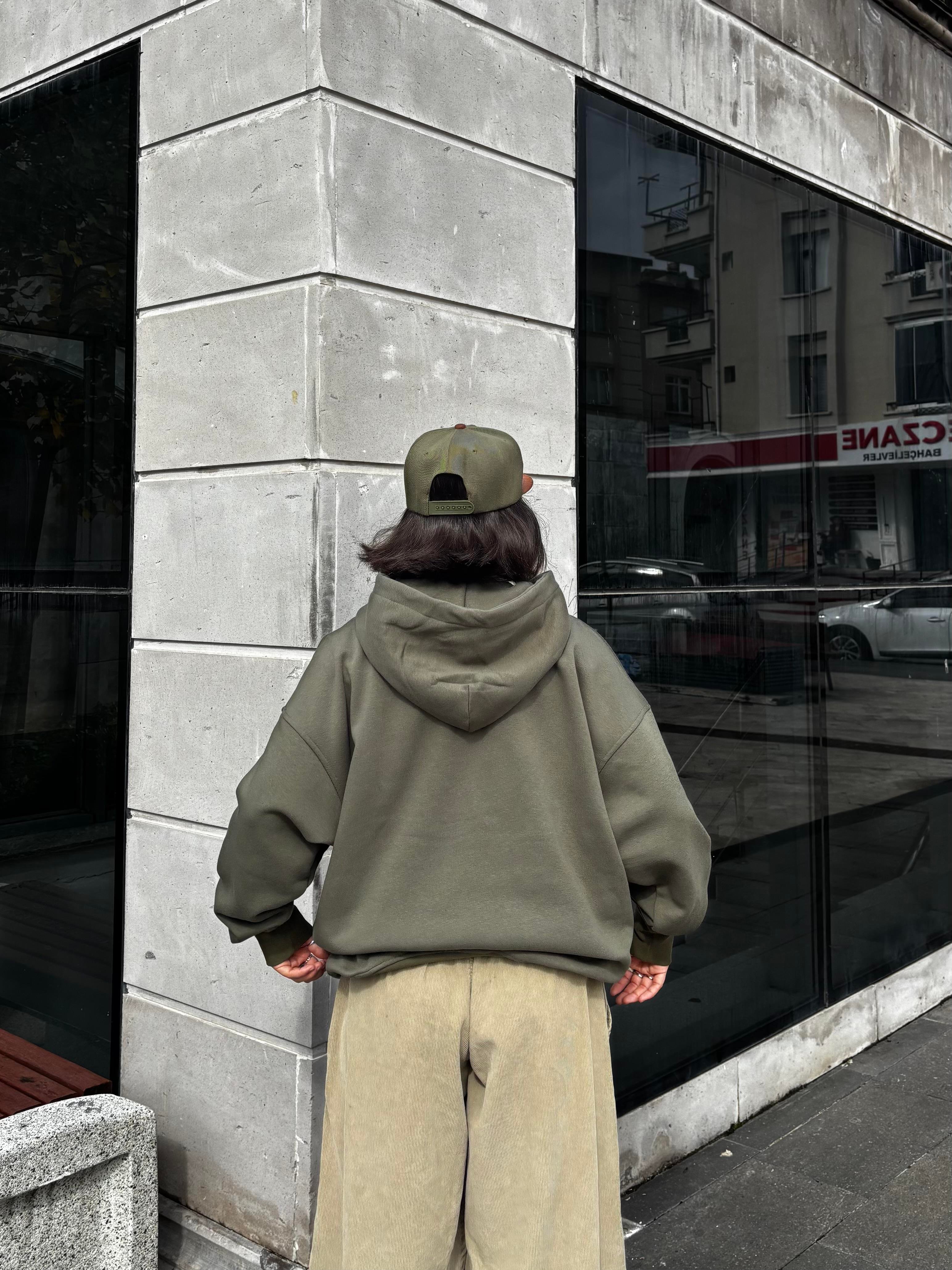 Premium Haki Ton TP Nakışlı Zipper Oversized Hoodie