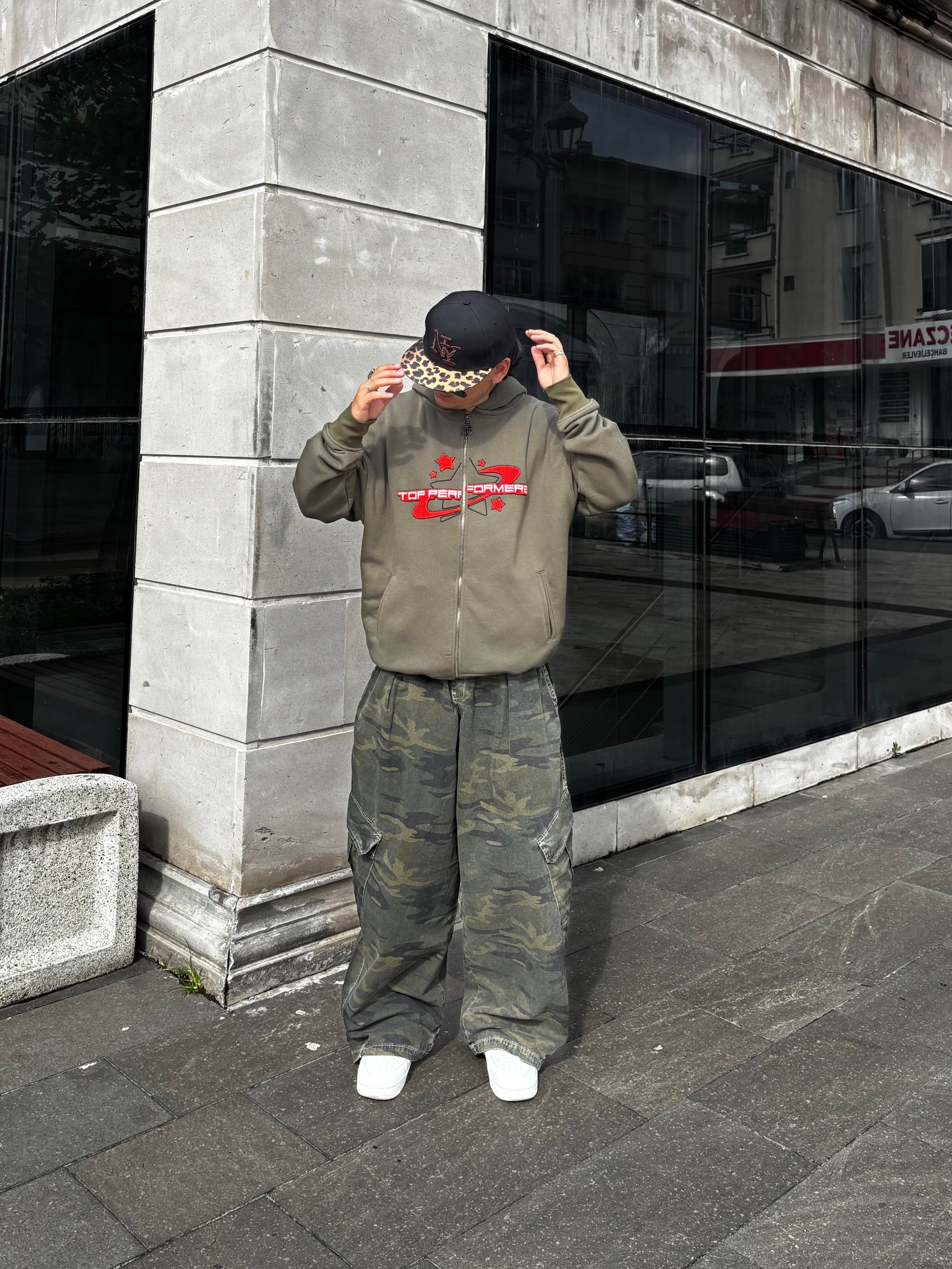 Premium Haki Ton TP Nakışlı Zipper Oversized Hoodie
