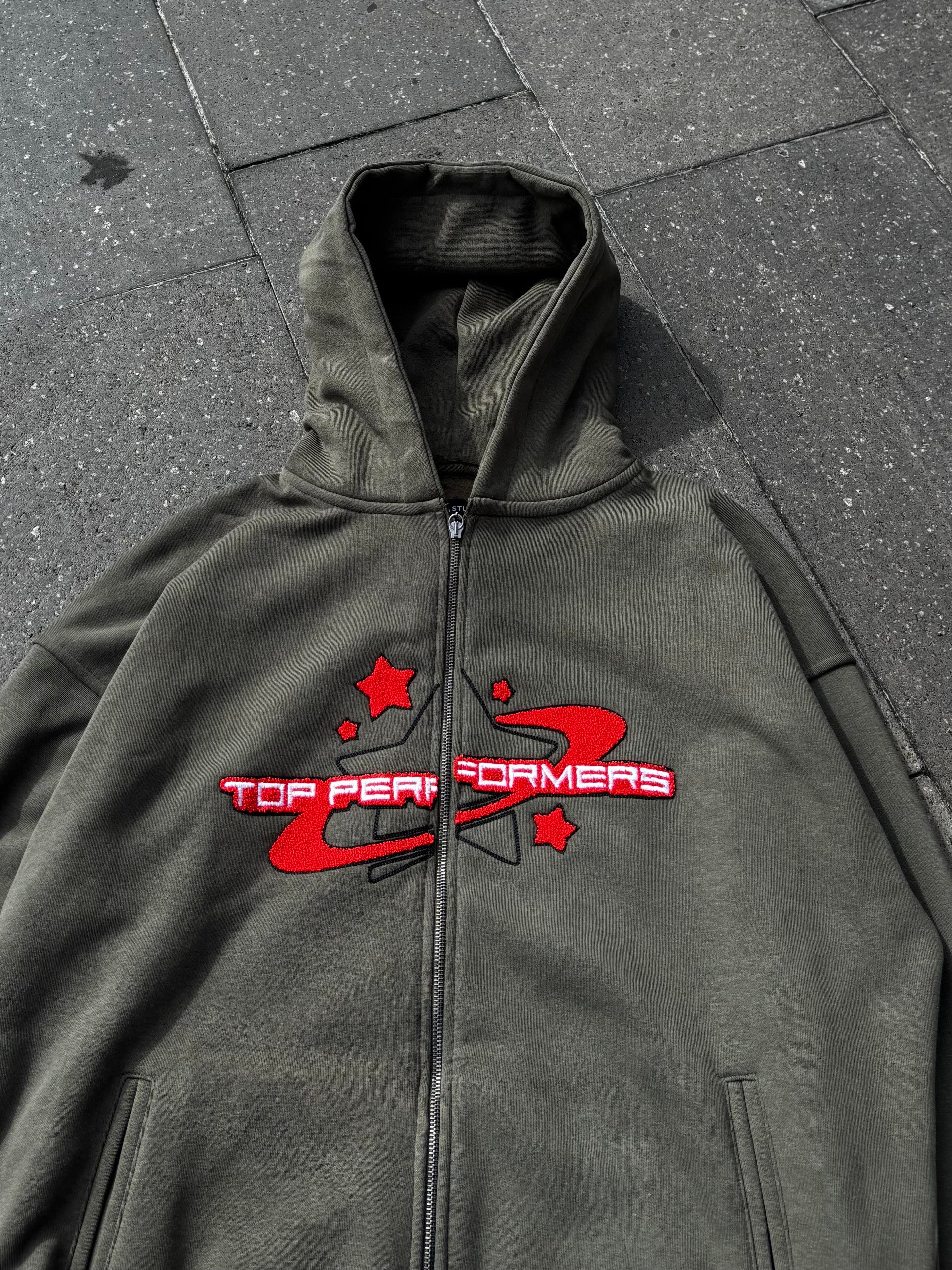Premium Haki Ton TP Nakışlı Zipper Oversized Hoodie