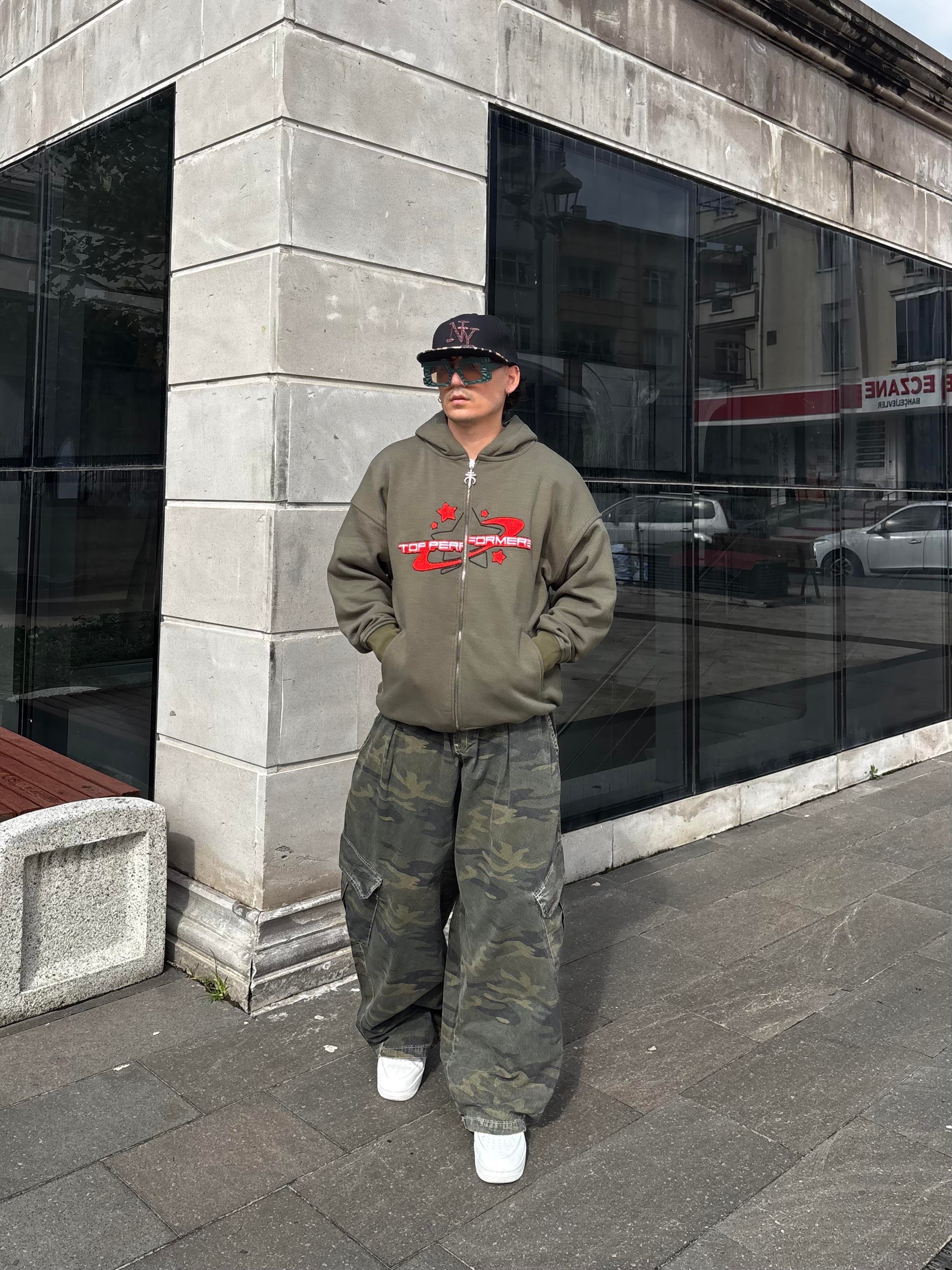 Premium Haki Ton TP Nakışlı Zipper Oversized Hoodie