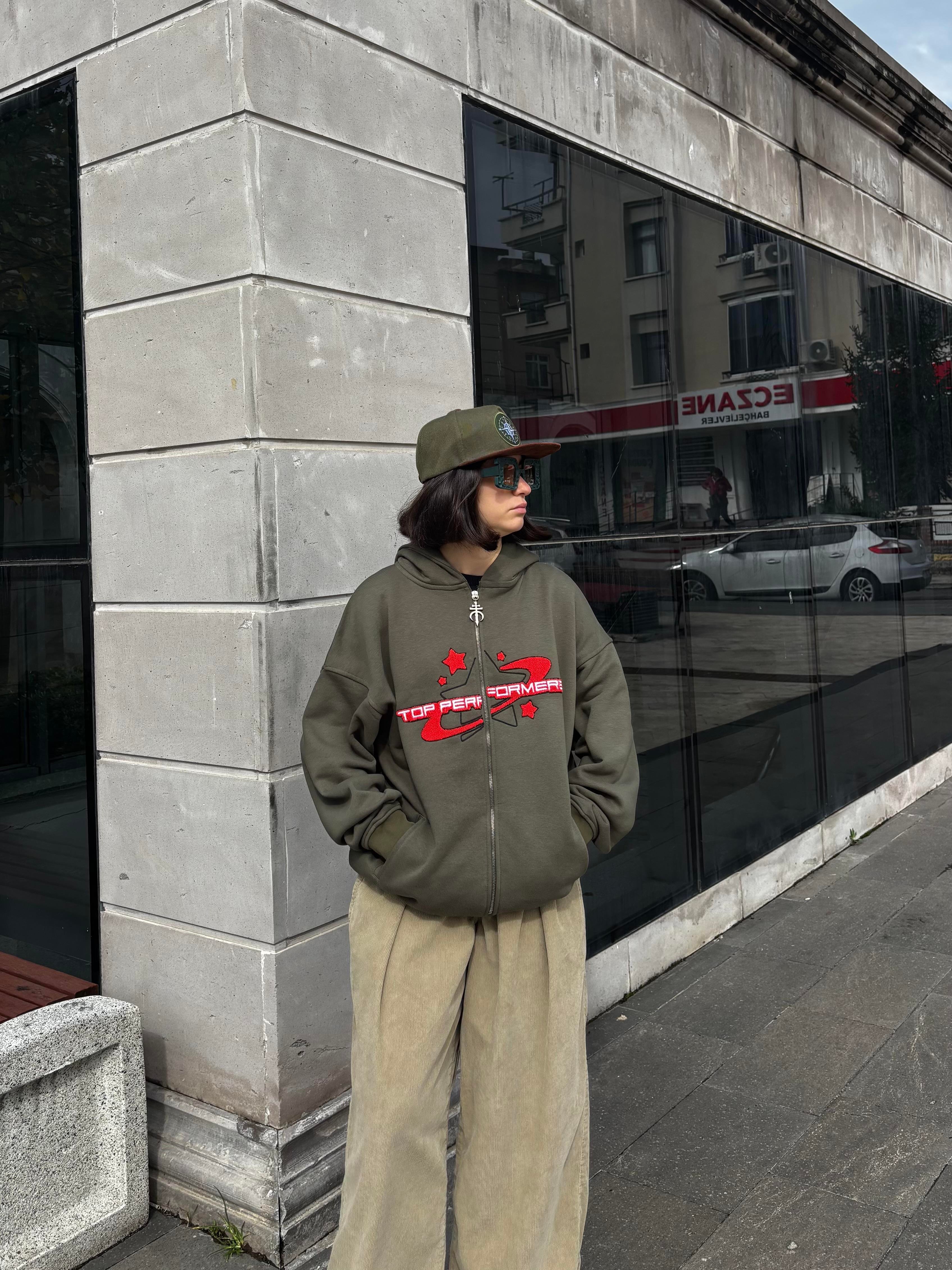 Premium Haki Ton TP Nakışlı Zipper Oversized Hoodie