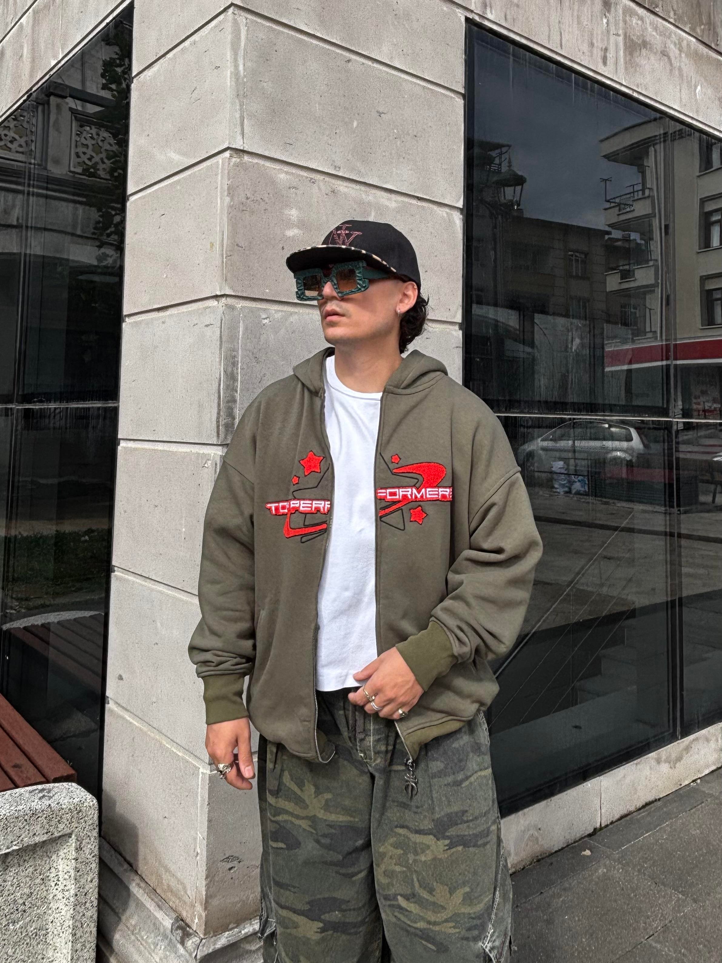 Premium Haki Ton TP Nakışlı Zipper Oversized Hoodie