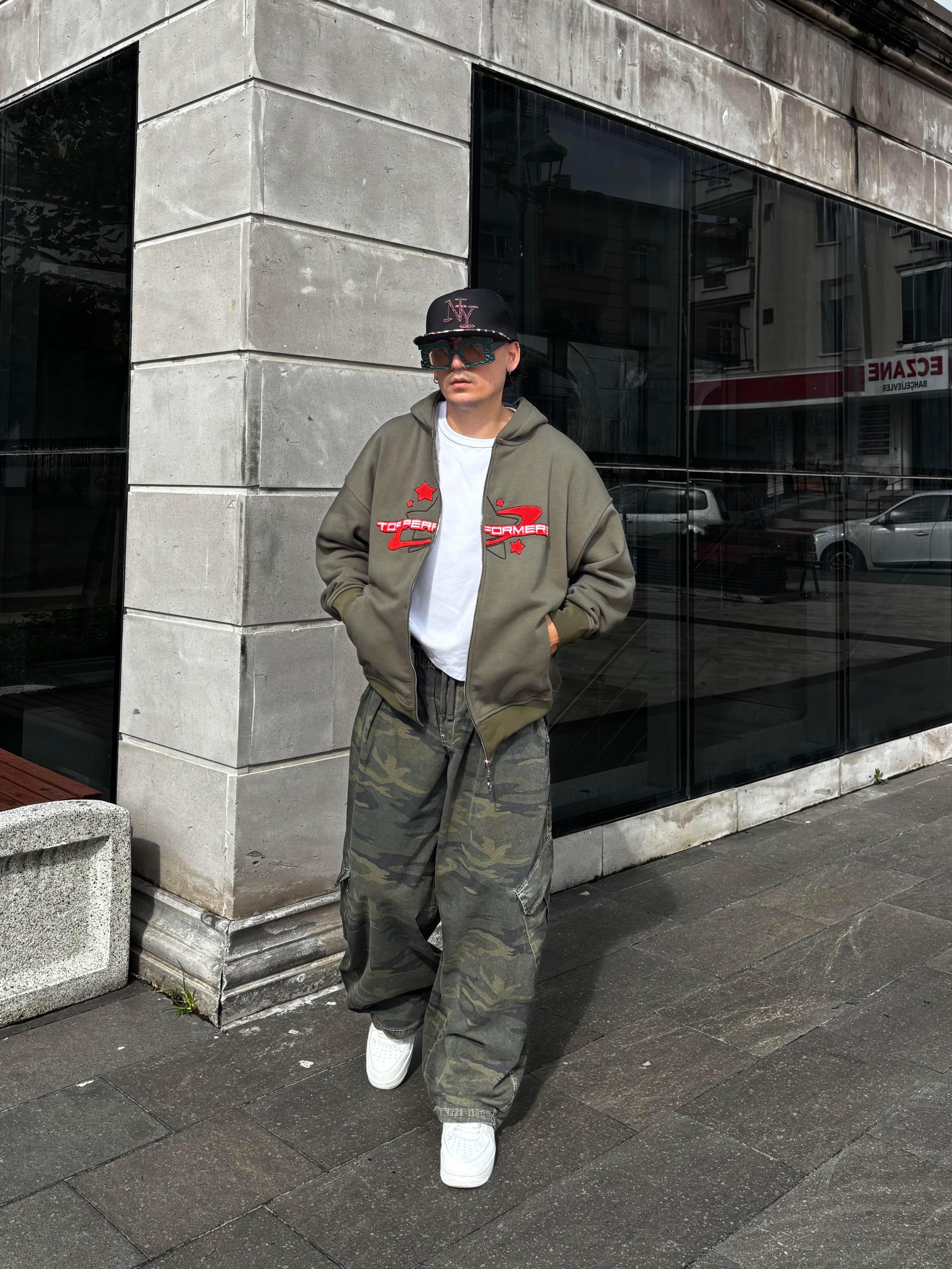 Premium Haki Ton TP Nakışlı Zipper Oversized Hoodie