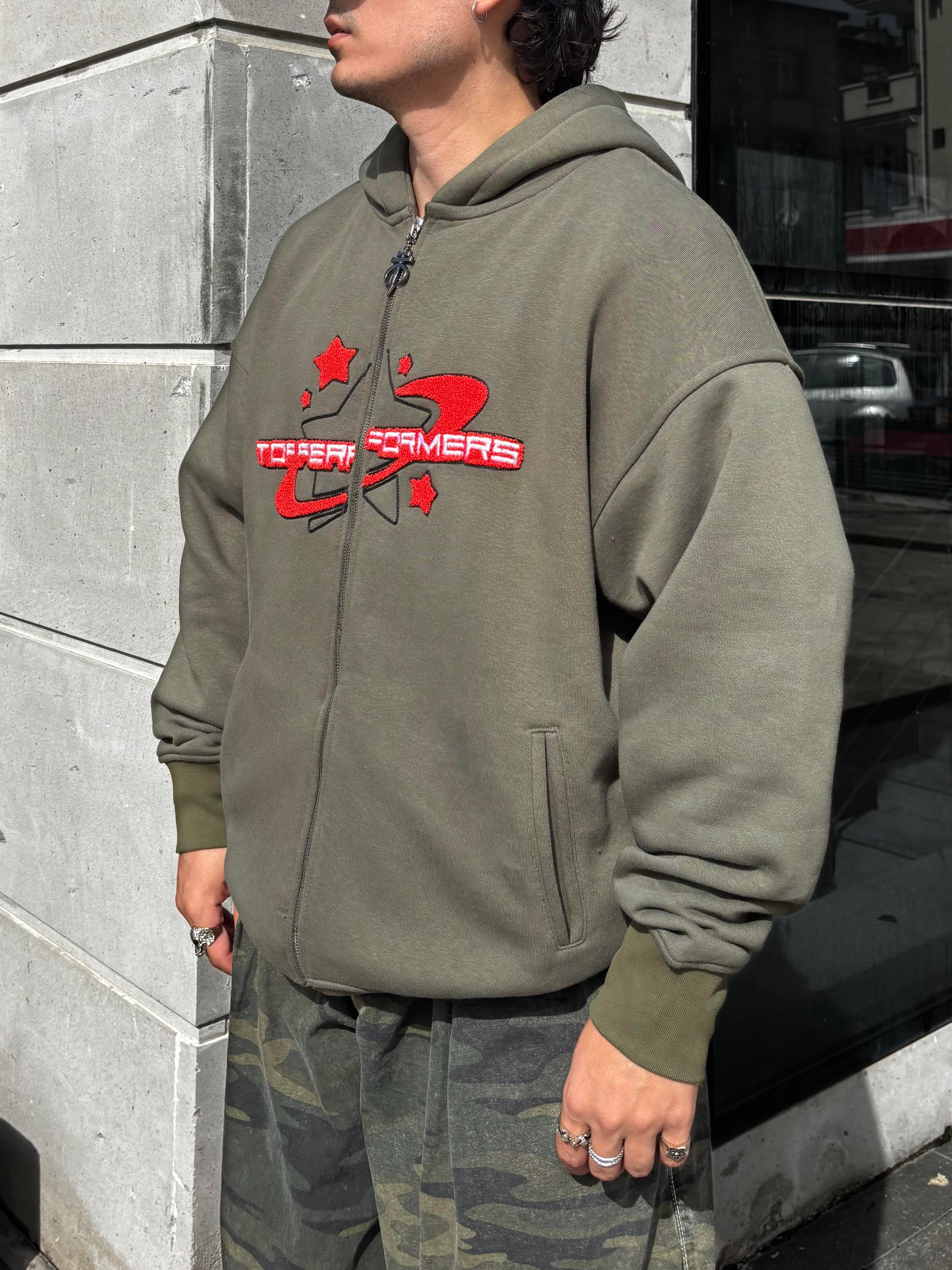 Premium Haki Ton TP Nakışlı Zipper Oversized Hoodie