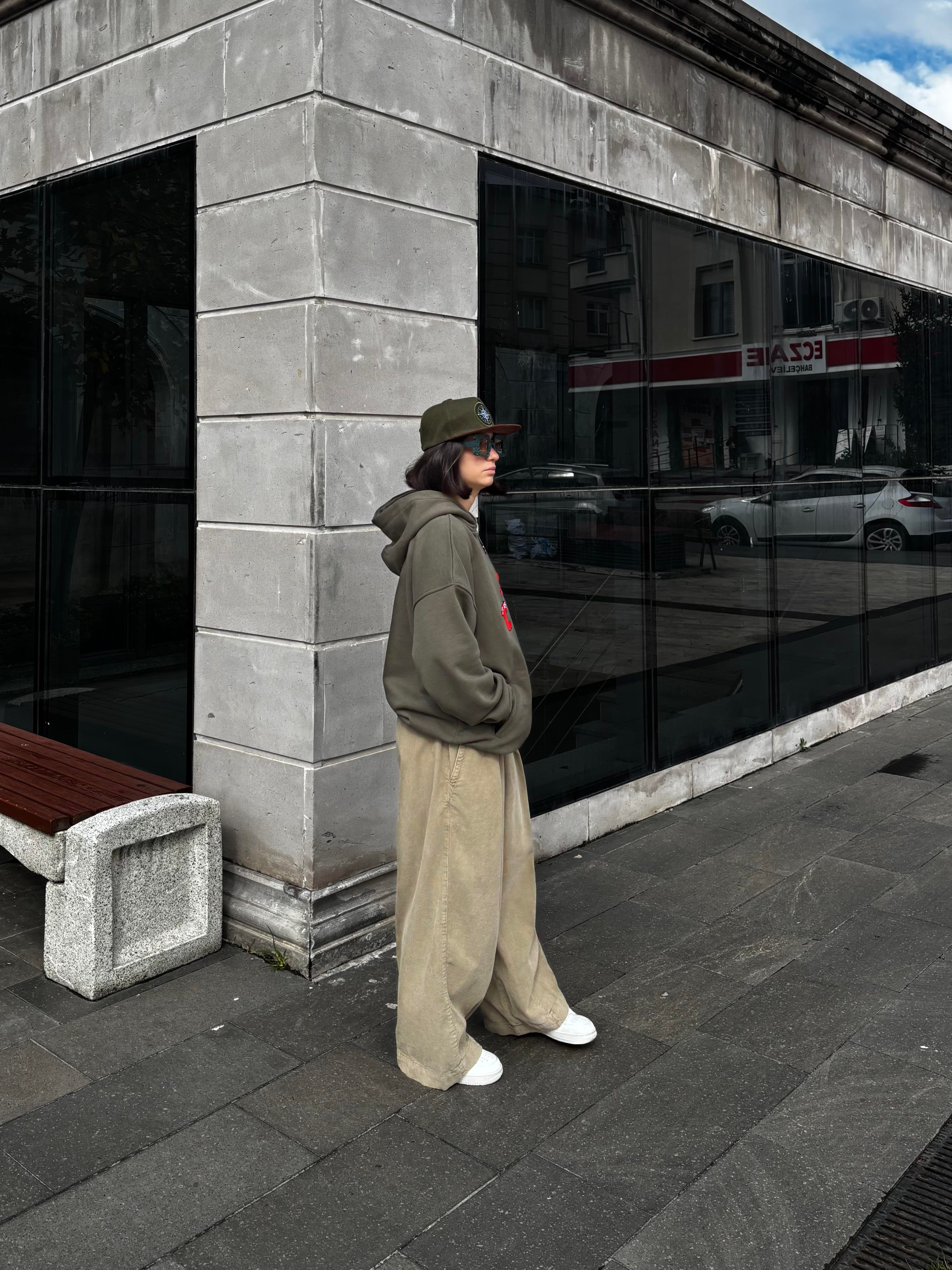 Premium Haki Ton TP Nakışlı Zipper Oversized Hoodie