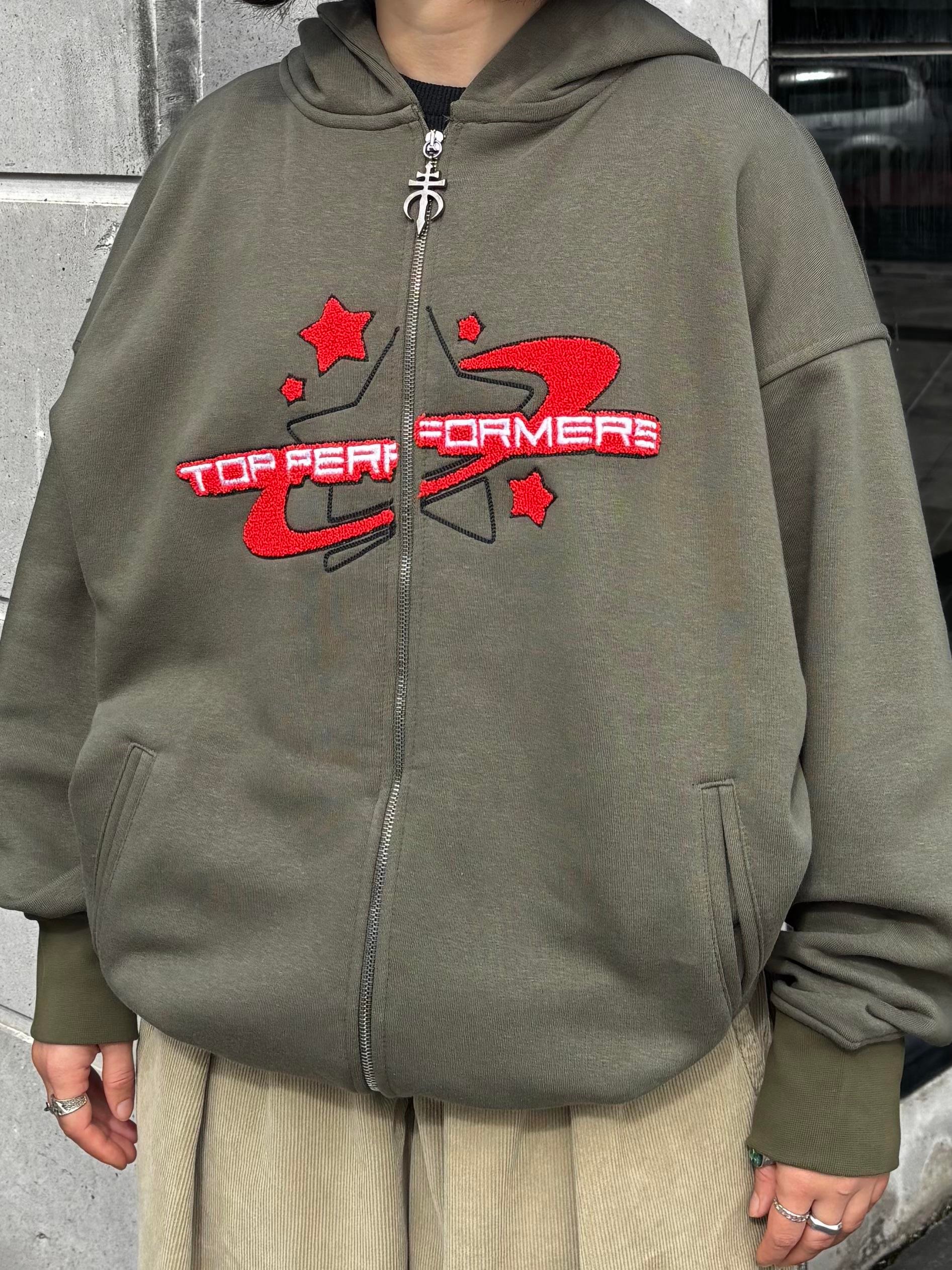 Premium Haki Ton TP Nakışlı Zipper Oversized Hoodie